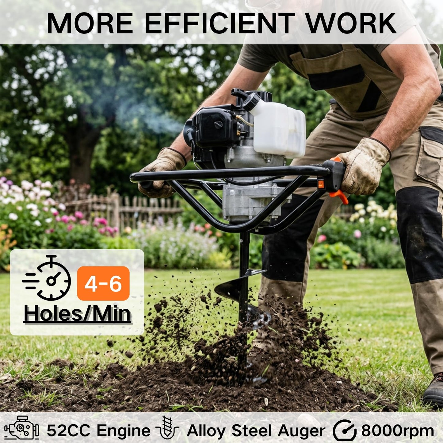 DC HOUSE Post Hole Digger, 52cc 1800W Gas Powered Earth Auger Earth Digger, Auger Post Hole Digger with Two Drill Bit 6" & 10" and Extension Rods, for Fence, Farmland and Garden, EPA Certified