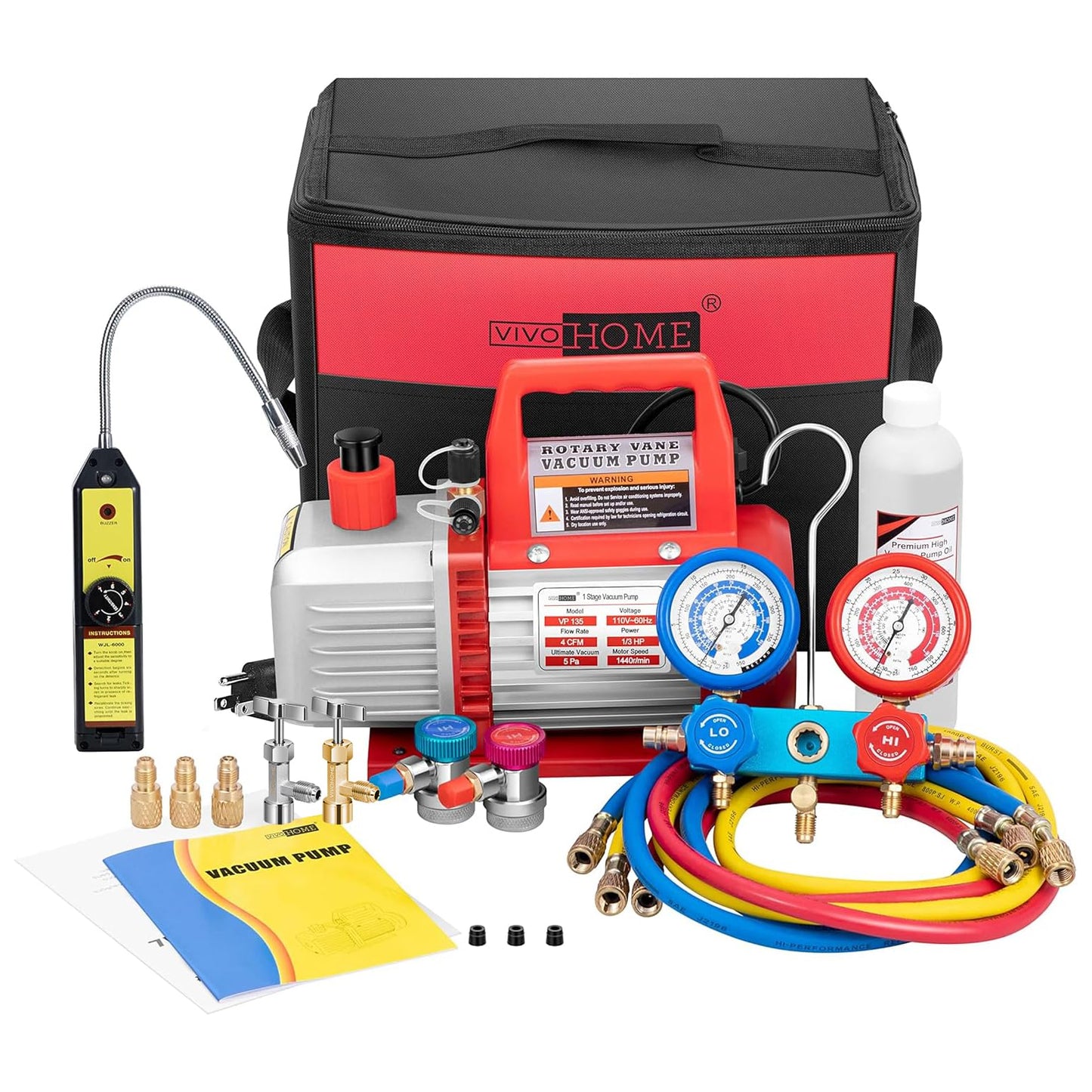 VIVOHOME 110V 1/3 HP 4CFM Single Stage Rotary Vane Air Vacuum Pump and AC Manifold Gauge Set Kit with Leak Detector for R134a R12 R22 R502 R410a HVAC Air Conditioning Refrigeration Recharging, Red