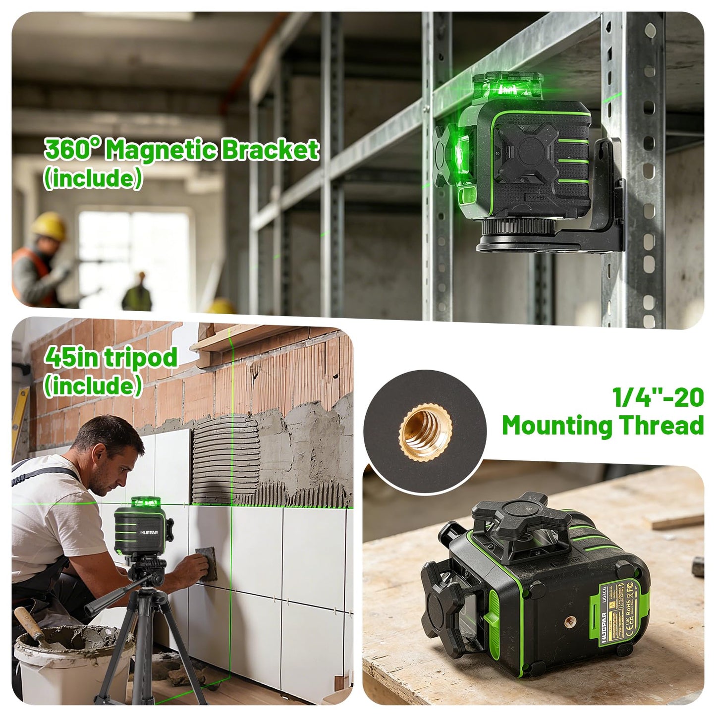 Huepar 360 Laser Level with Tripod, 60-Inch Drop Protection Self-Leveling Green Lazer Leveler Tool for Picture Hanging, Pulse Mode Adjustable Brightness, Hard Case, Green Glasses & Target Plate