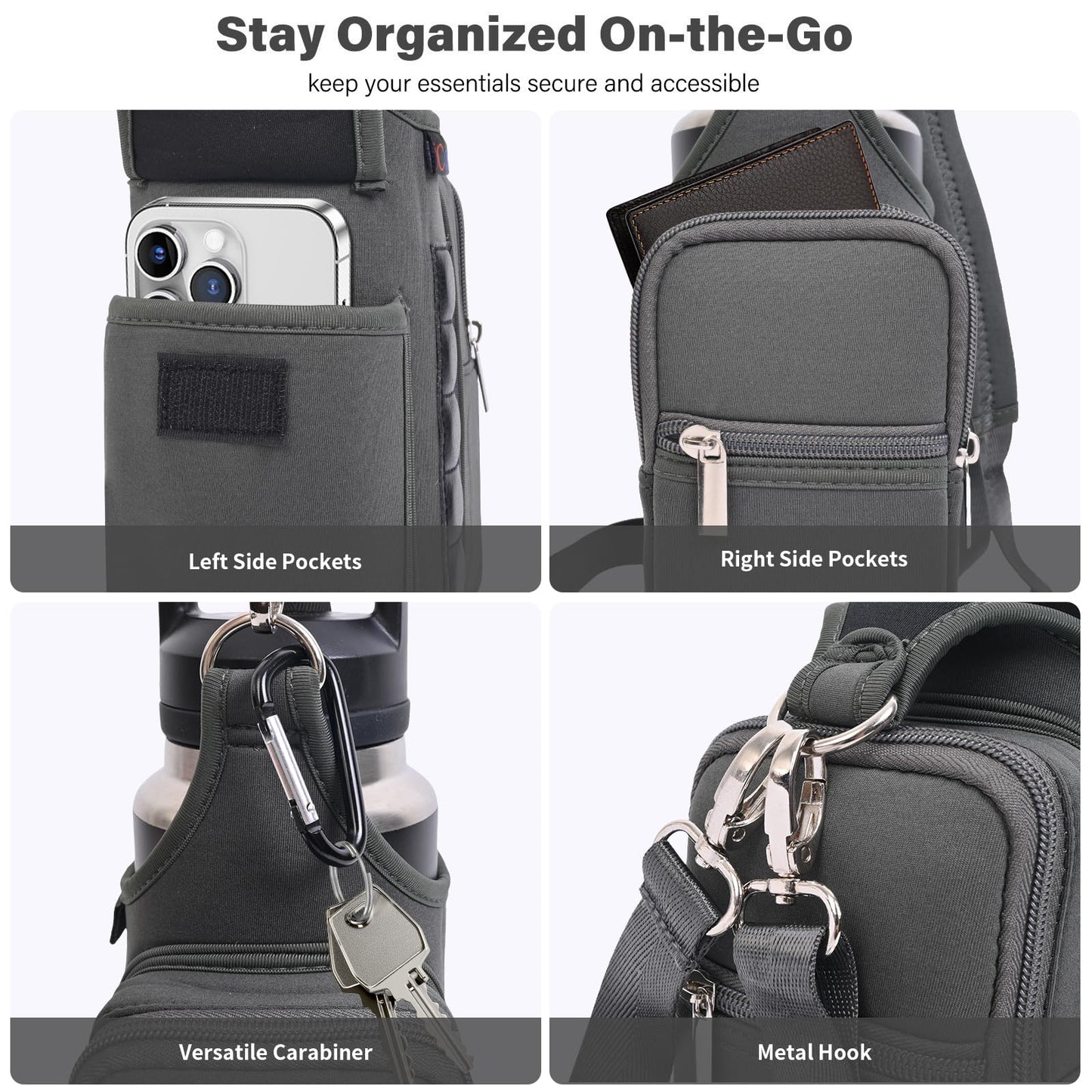 icolor Magnetic Gym Bag Water Bottle Carrier Holder with Phone Pockets & Shoulder Strap Small Gym Bag 5 Built-in Magnets Gym Accessories Organizer Magnetic Bottle Pouch for Men Women (Gray)