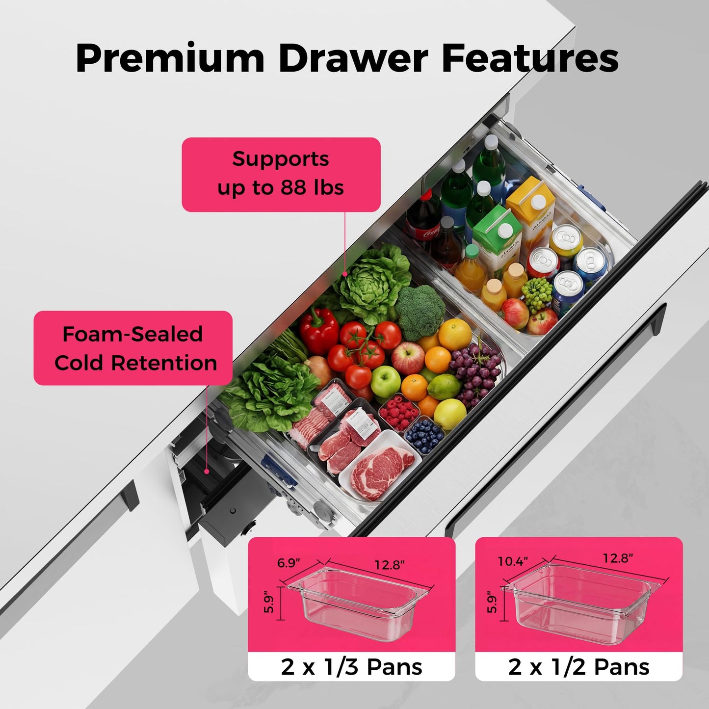 Coolski 48" W Commercial Undercounter Refrigerator with Drawer/Door Combo, 12.1 Cu.ft. Freestanding Stainless Steel with 4 Pans, 2 Drawers Under Counter Worktop Fridge for Restaurant, Bar, Kitchen Use