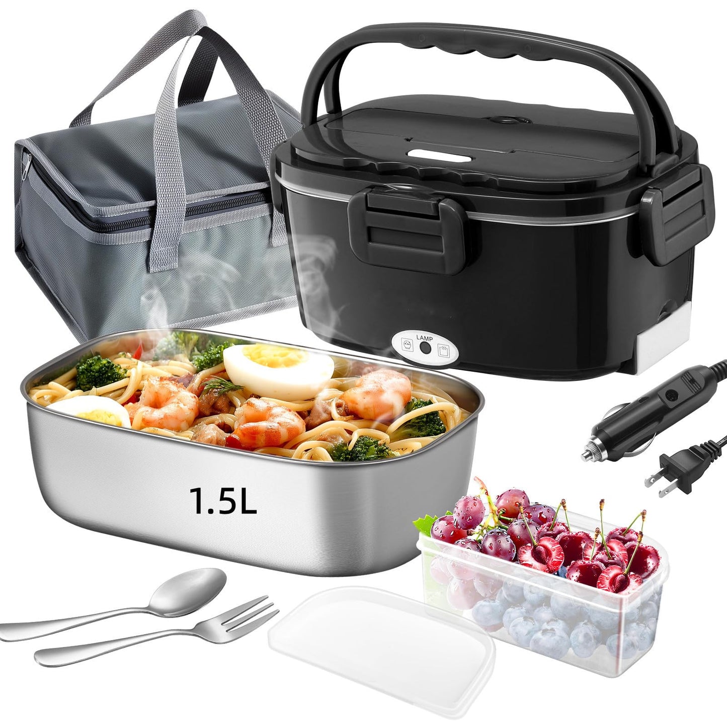 Vidaskeci Electric Lunch Box For Adults, 80W 1.5L Electric Heated Lunch Box Portable Food Warmer for Adults, 12V/24V/110V Car Truck Office Home, Leakproof 304 Stainless Steel Plug in Lunch Heater
