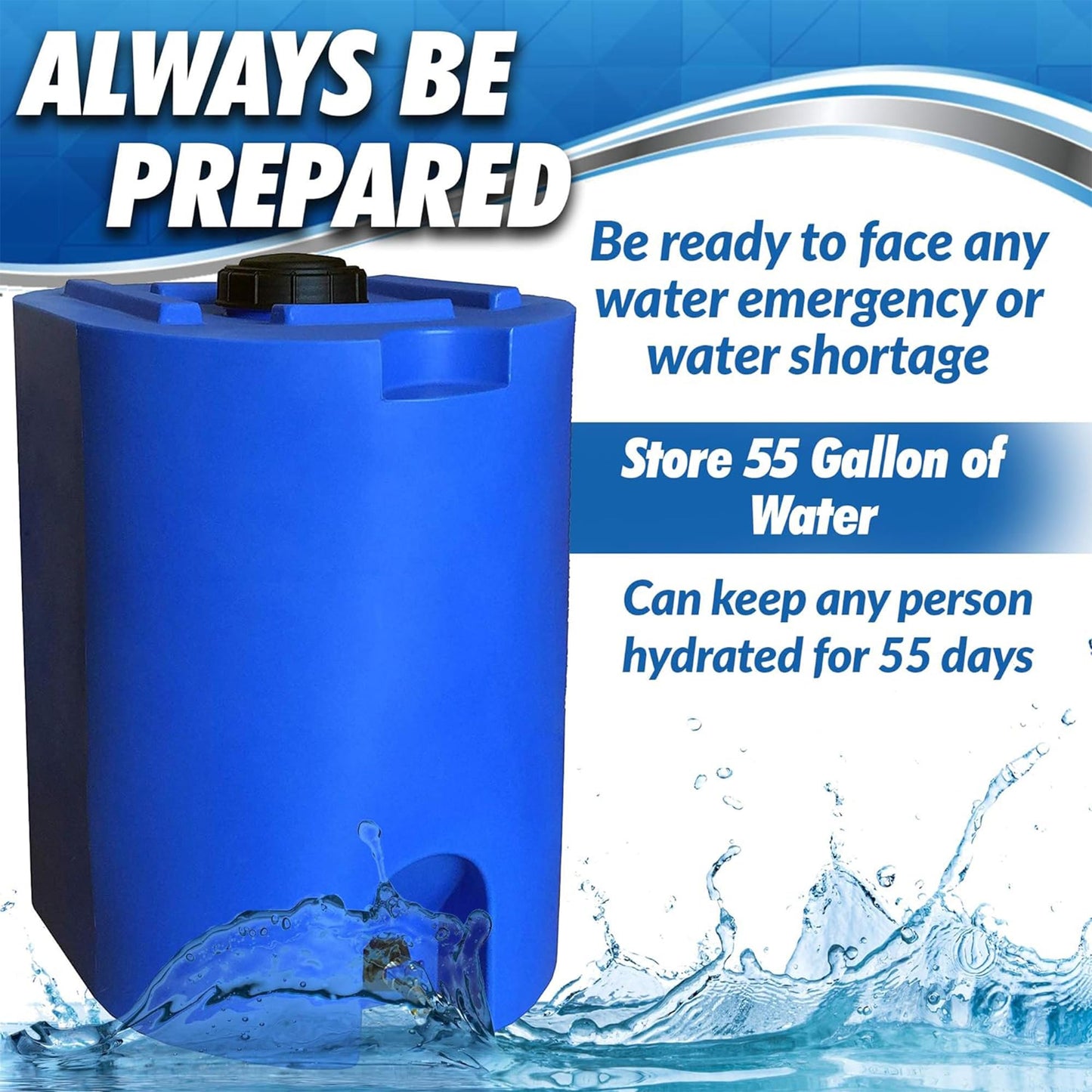 WaterPrepared Stackable Plastic Drinking Water Storage Tank with Spigots, 55 Gallon, Blue - Portable Emergency Hydration Container for Survival or Disaster Preparedness