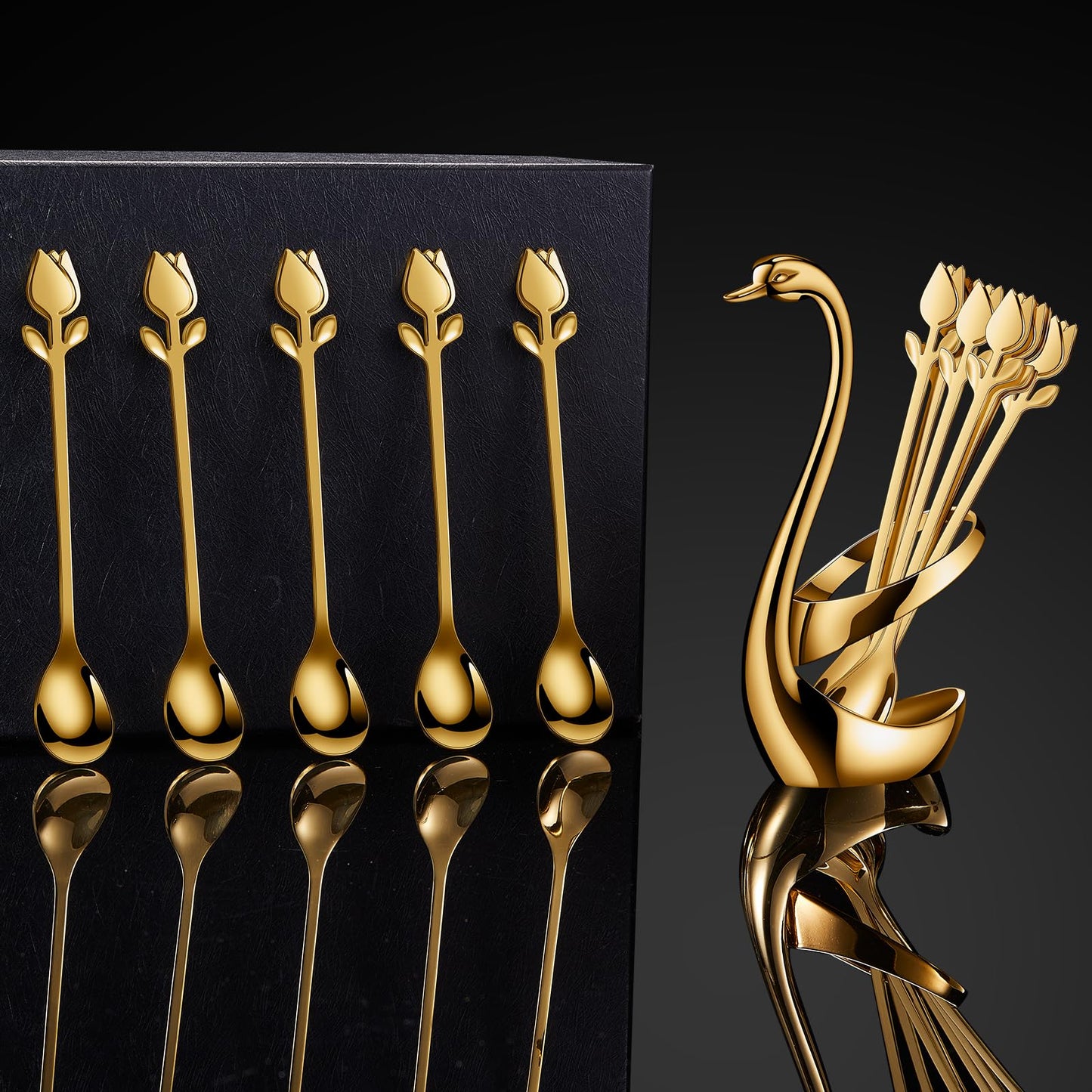 SGVRPVZ Gold Small Coffee Spoon Holder Set,Swan Base With 12 Pcs Demitasse Espresso Spoons Set,6" Mini Tulip/Rose Dessert Spoon,Stainless Steel Tea Spoons