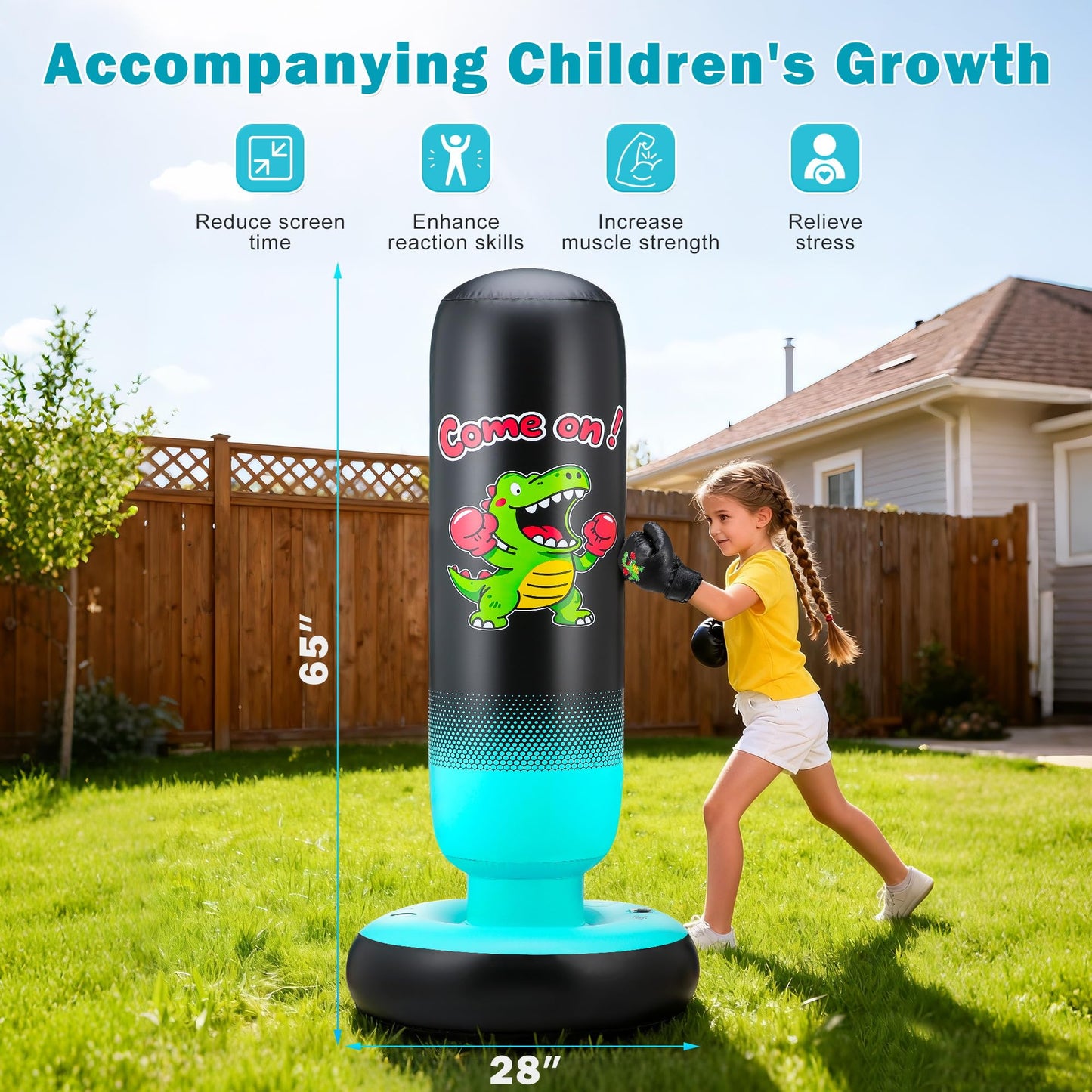 EIVONDA Punching Bag for Kids 65" Inflatable Dinosaur Kids Punching Bag with Boxing Gloves Boxing Bag Set with Pump Dinosaur & Hitting Target Pattern 2 in 1 Birthday Gifts for Boys & Girls Age 3-12