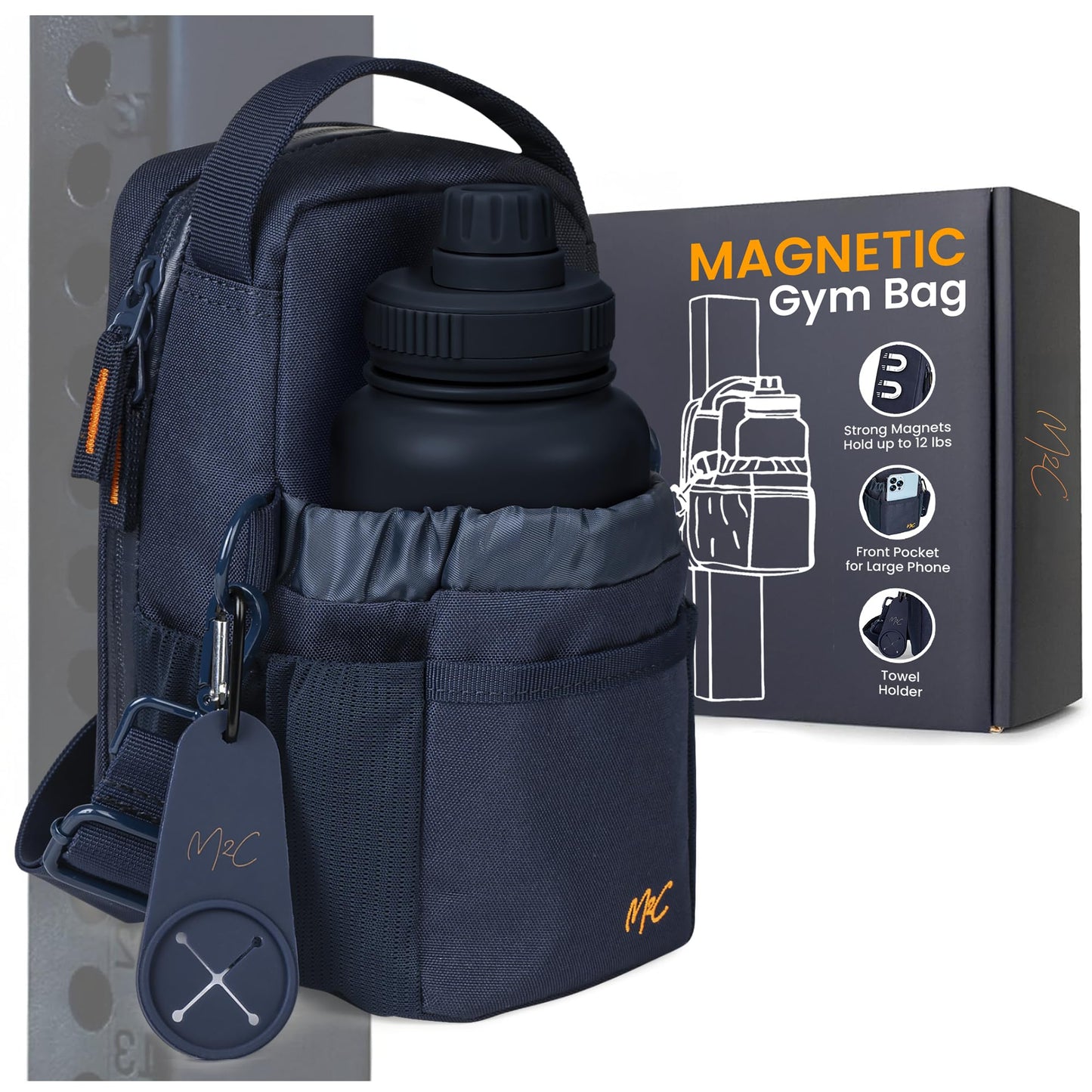 M2C® PREMIUM Magnetic Gym Bag – Holds Up to 12 lbs – Gym Pouch with Water Bottle, Cup & Wallet Pocket, Phone Storage, Key Clip, Adjustable Sling Strap – Ideal for Sports, Work & Travel