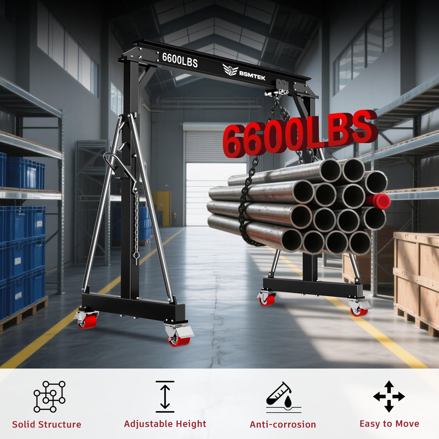 BSMTEK Gantry Crane 3 Ton MAX6600lbs, Adjustable Height (8.53-12.47 FT) & Width (9.06 FT, Available 8.53FT), Steel I-Beam Construction, Portable Shop Hoist for Factories, Warehouses