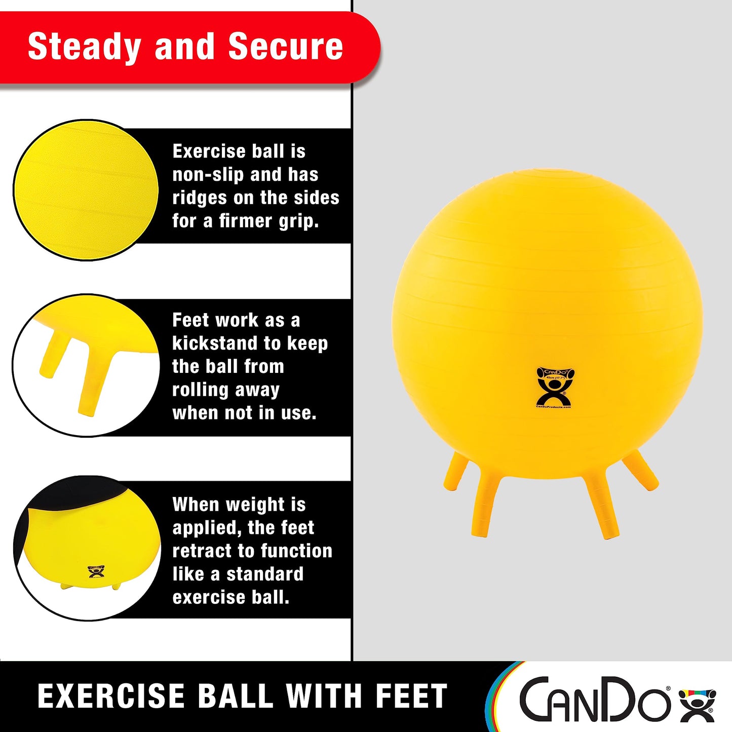CanDo 30-1893 Non-Slip Inflatable Exercise Ball with Stability Feet for Exercise, Workout, Core Training, Stability, Yoga, Pilates, Balance Training Gym, Office, Home,Classroom. Green, 26”
