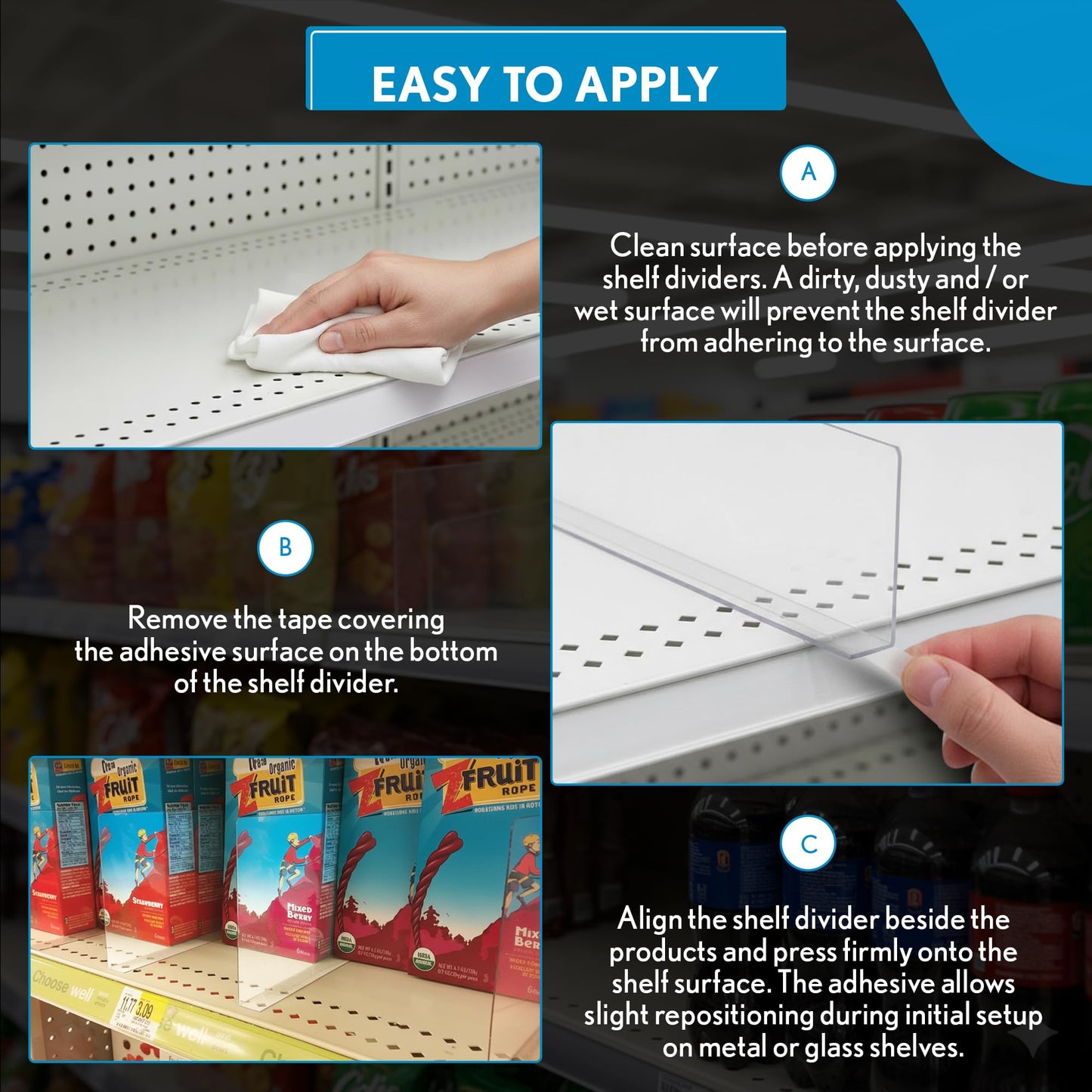 Shelf Dividers, 50 Pack, 3" x 17-9/16", Retail Shelf Organization, Product Separators, Clip Strip