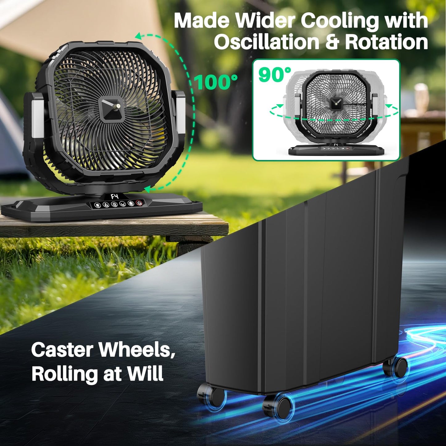 Ausic 12" 20L Portable Misting Fan, 30000mAh Fast Rechargeable Battery Water Cooling Fan, Oscillating Outdoor Fans with Adapter, LED Light, Timer, Caster, for Patios/Camping/Beach Summer Essentials