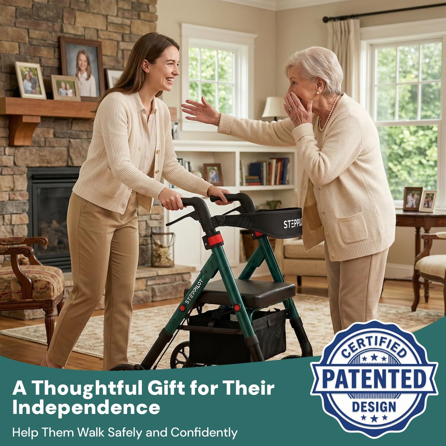 StepPilot Bariatric Rollator Walker with Seat for Seniors, 500lb Capacity Aluminum Frame, Zero Wobble, 16lb Lightweight, 8" All Terrain Wheels, 10-Level Adjustable Handle/Seat, Cup Holder, Cane Clip