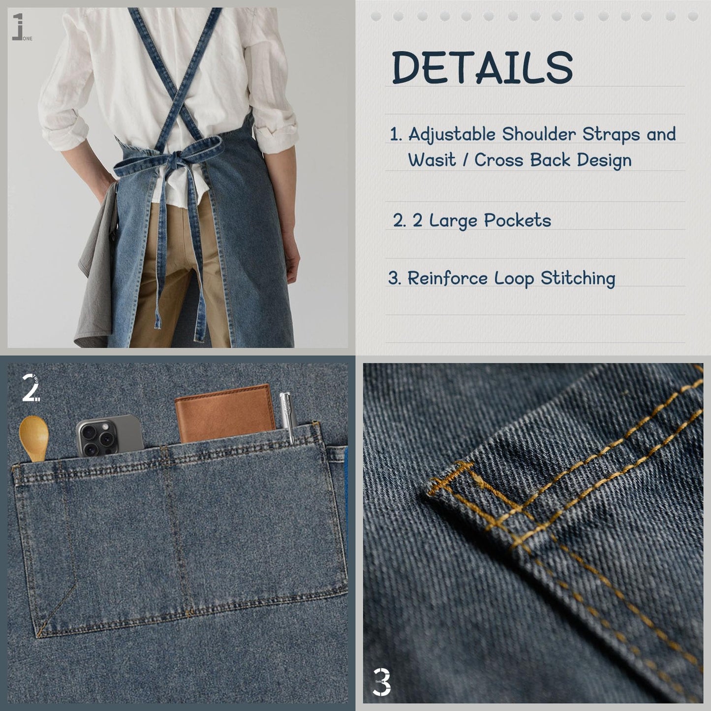 Surblue Cotton Denim Apron with Pockets Adjustable Jean Apron for Man Woman for Kitchen, BBQ, Garden, Workshop, Blue