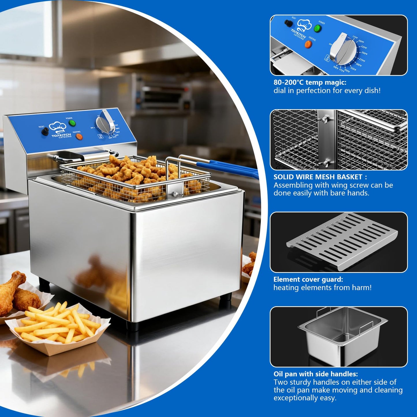 TOPKITCH 8L Professional Electric Fryer, 1800 W Commercial Electric Fryer Made of Stainless Steel with Basket, Temperature Control 80-200 °C, Fast Heating for Restaurant and Home