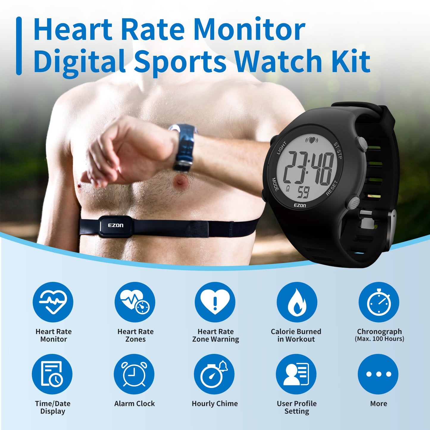 EZON Heart Rate Monitor Chest Strap and Digital Watch T037,5ATM Waterproof Fitness Tracker with HRM,Calories Burned,Stopwatch and Hourly Chime (Watch Band Included)