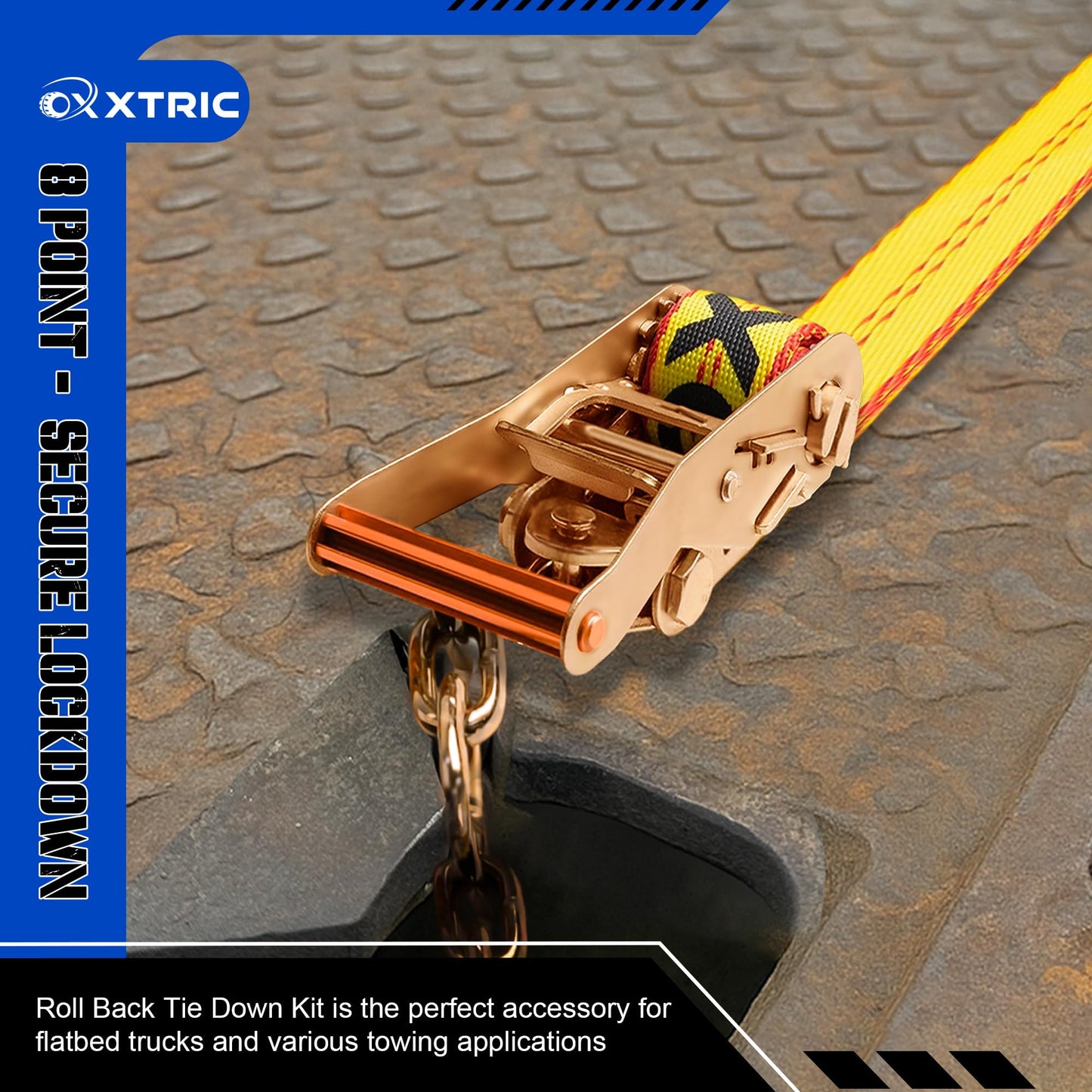 OXXTRIC 8 Point Roll Back Vehicle Tie Down Kit,Tow Truck Flatbed Straps with Chain Extension on Both Ends,WLL 3300 lbs,Heavy Duty Car Hauler Tire Over Wheel Tie Down Straps