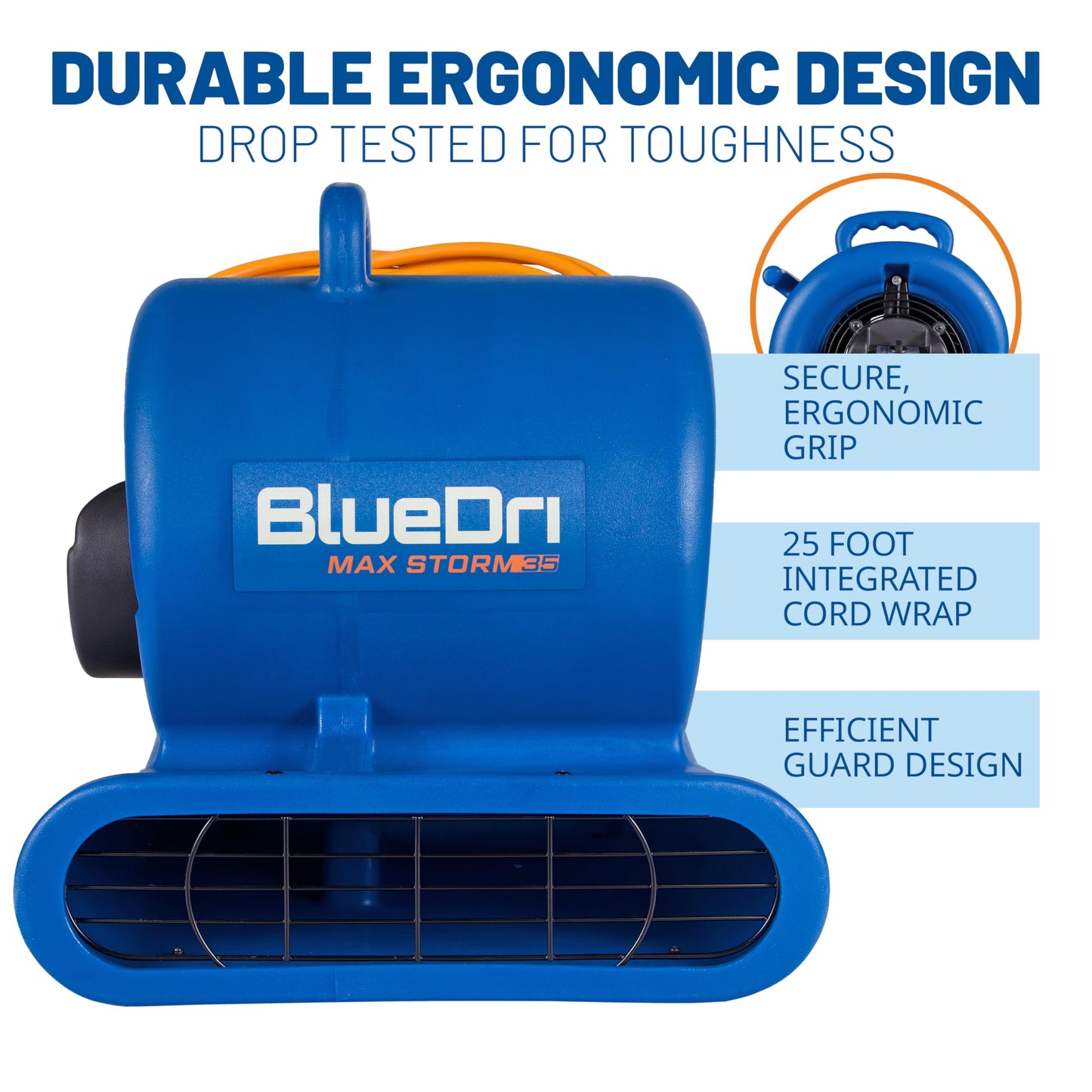 BlueDri Max Storm 35 1/3 HP 2900 CFM Air Mover Blower Floor Fan for Industrial Water Damage Flood Restoration Carpet and Floor Drying Blower Fan, Blue, BD-MS35