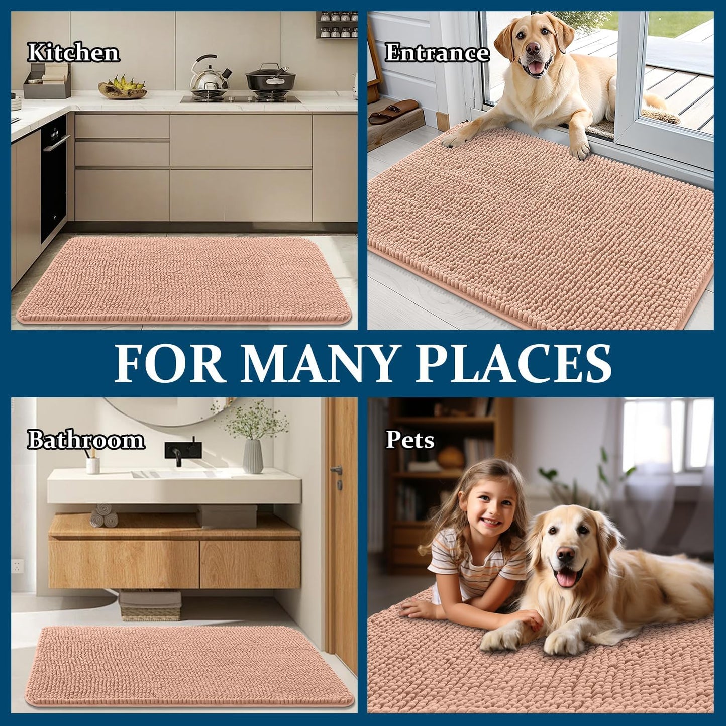 OLANLY Dog Door Mat - Absorbent Non-Slip Chenille for Muddy Paws | 40x24 Inches, Quick Dry, Peach