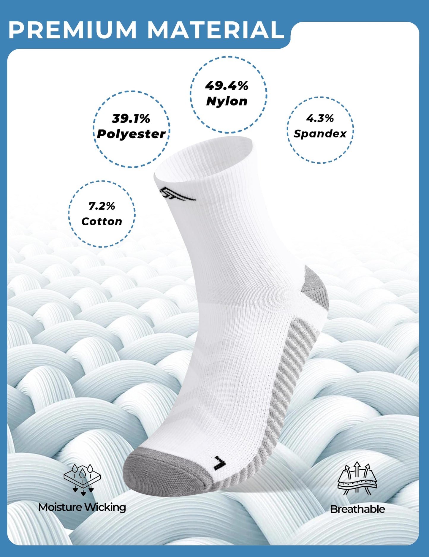 TENYSAF Men's Compression Socks for Running: 3 Pairs Grip Athletic Socks - Breathable Non-Slip for Runner Gym Badminton Sports White Size 9-13