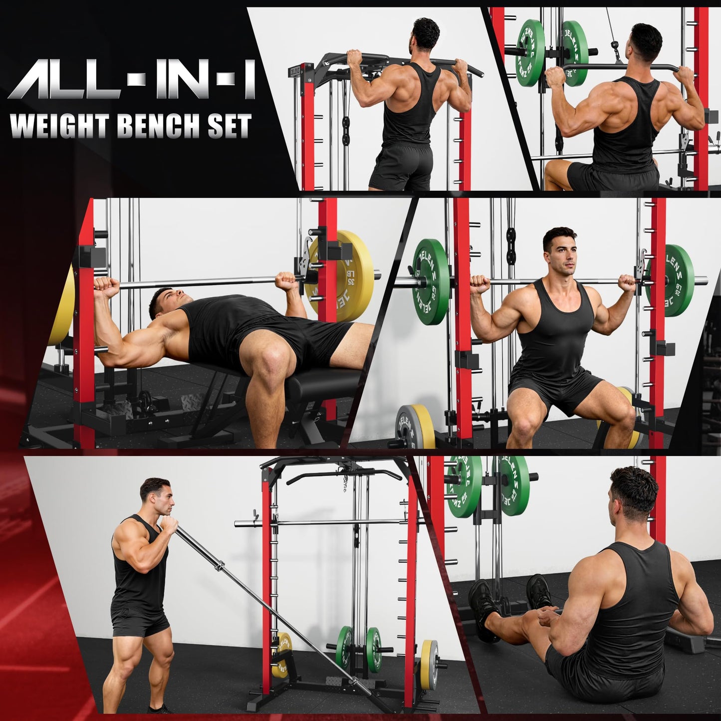 JELENS SR01 Smith Machine, 2000LBS Multi-Function Power Cage with LAT Pulldown System, All-in-One Home Gym Squat Rack with Smith Bar and Training Attachments (Red, SR01 Smith Machine)