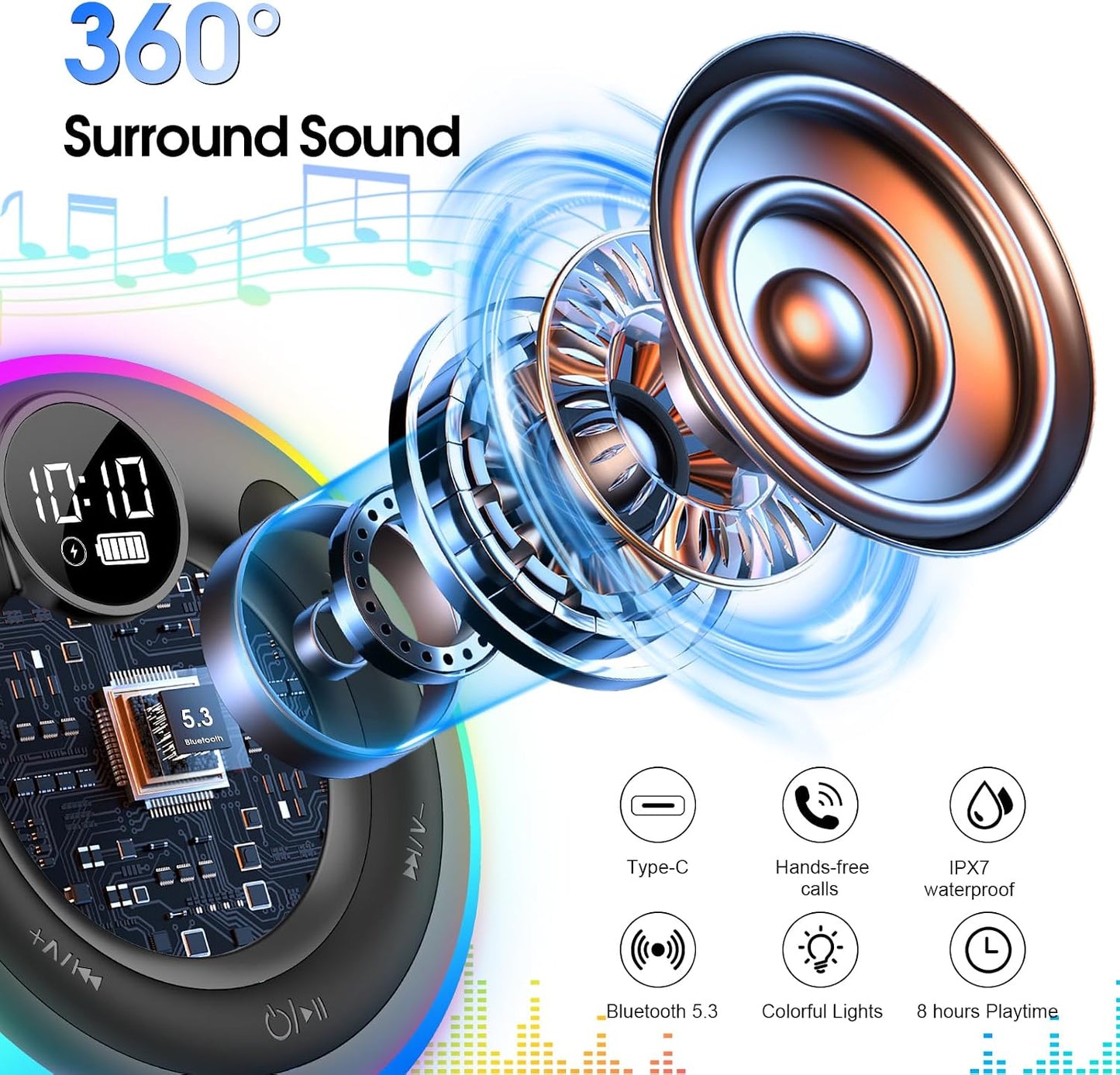 AOSRAU 5.3, Portable Bluetooth Shower Speaker with Lights, Bluetooth Small Wireless Speaker for Outdoor, Blue