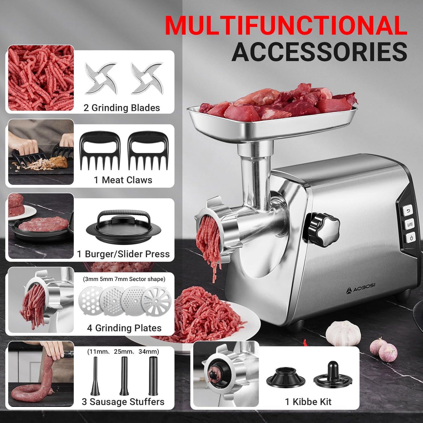 AAOBOSI #12 Meat Grinder, [3000W] 3 Speed Meat Grinder Heavy Duty: Built-in Storage Box, 2 Blades,4 Plates,3 Sausage Stuffers,Kibbe Kit,Meat Claw & Burger Press, for Home & Kitchen Use