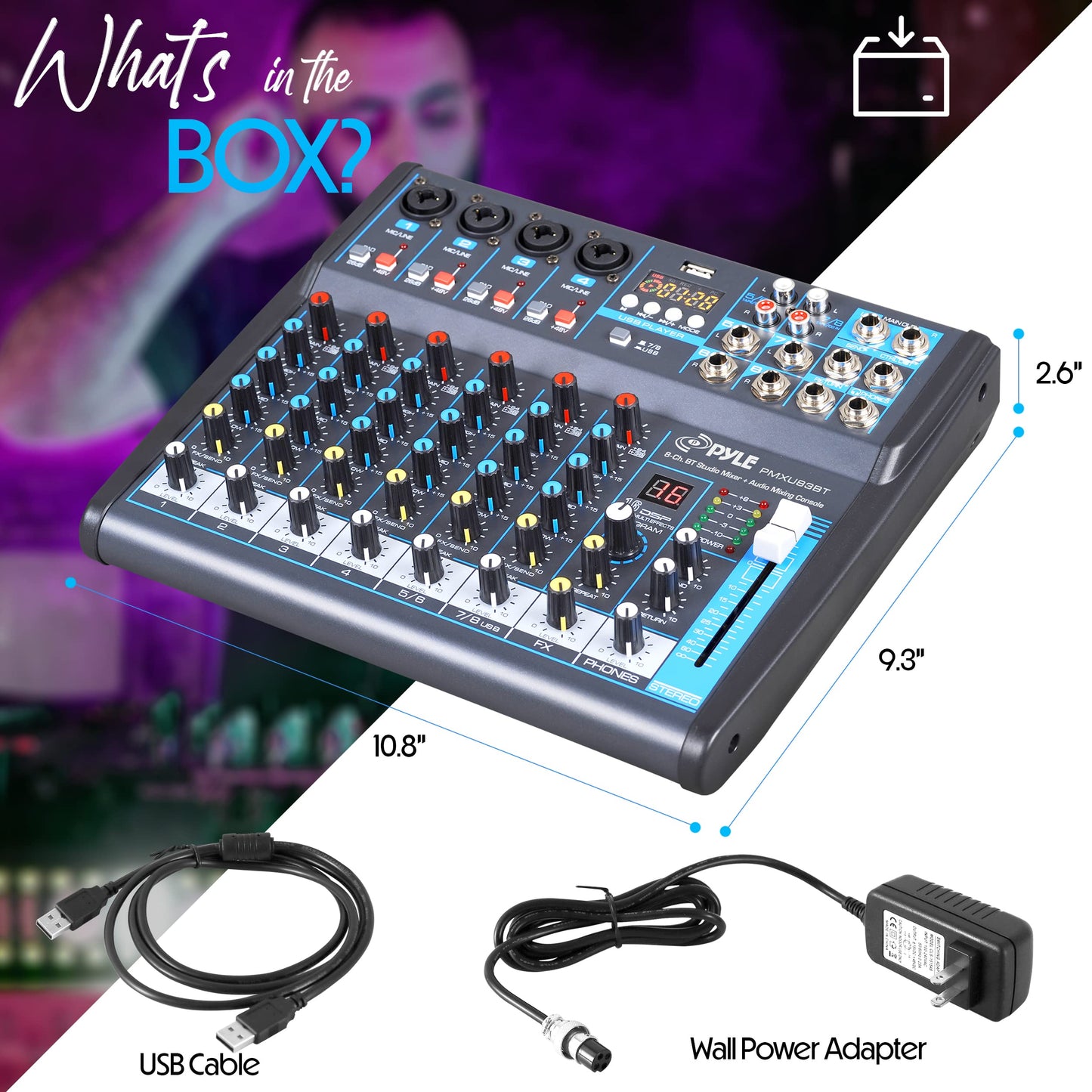 Pyle 8 Channel Bluetooth Studio Mixer - USB Computer Recording, Built-In MP3 Player, 48V Phantom Power, 16-Bit DSP FX, 3-Band EQ, XLR Combo Inputs, DJ Sound Board - PMXU83BT.5