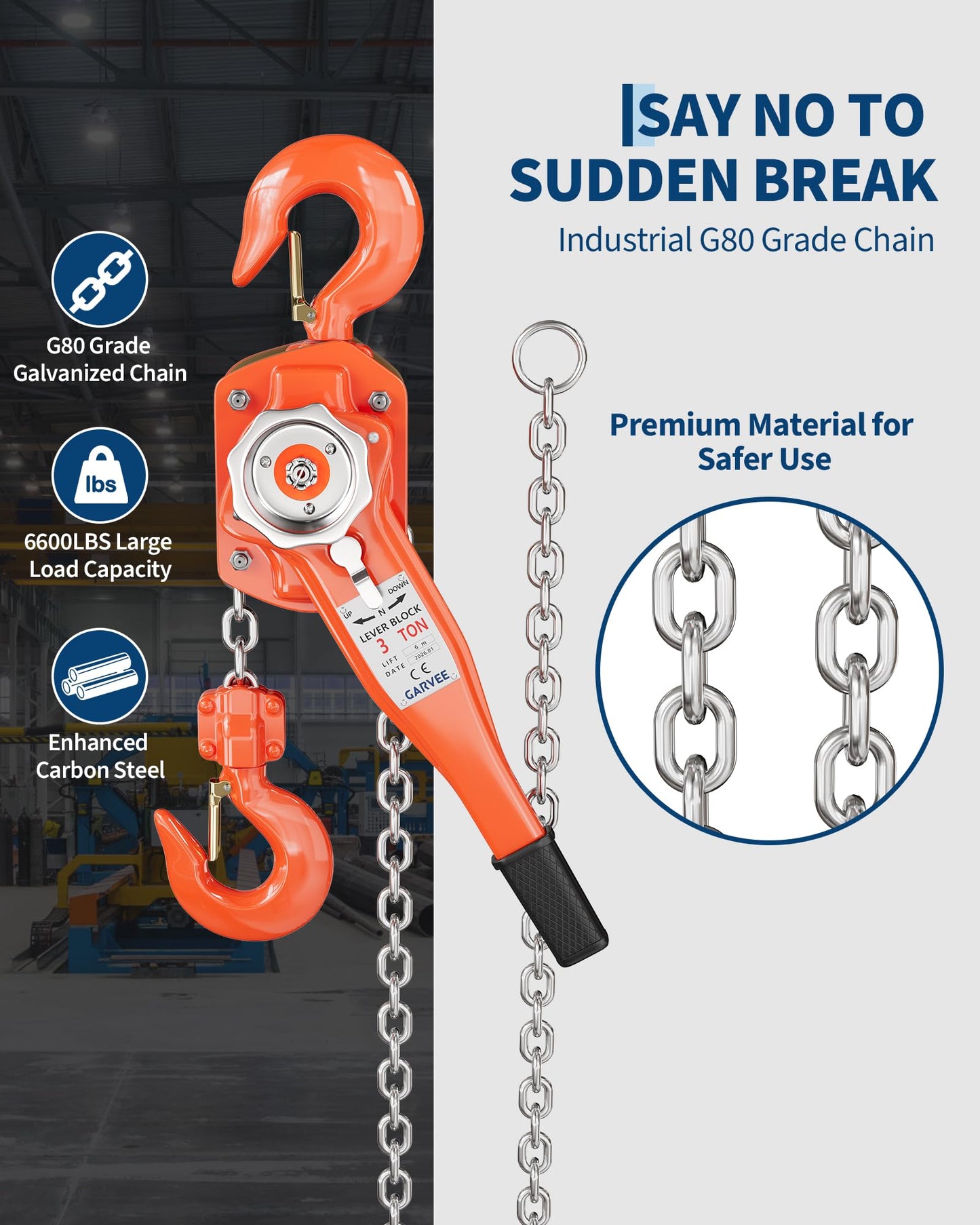 3 Ton (6600 LBS) Manual Lever Chain Hoist, 20 ft Heavy Duty G80 Galvanized Steel Come Along with Double-Pawl Brake & 360° Rotating Hooks for Garage Warehouse Construction Factory
