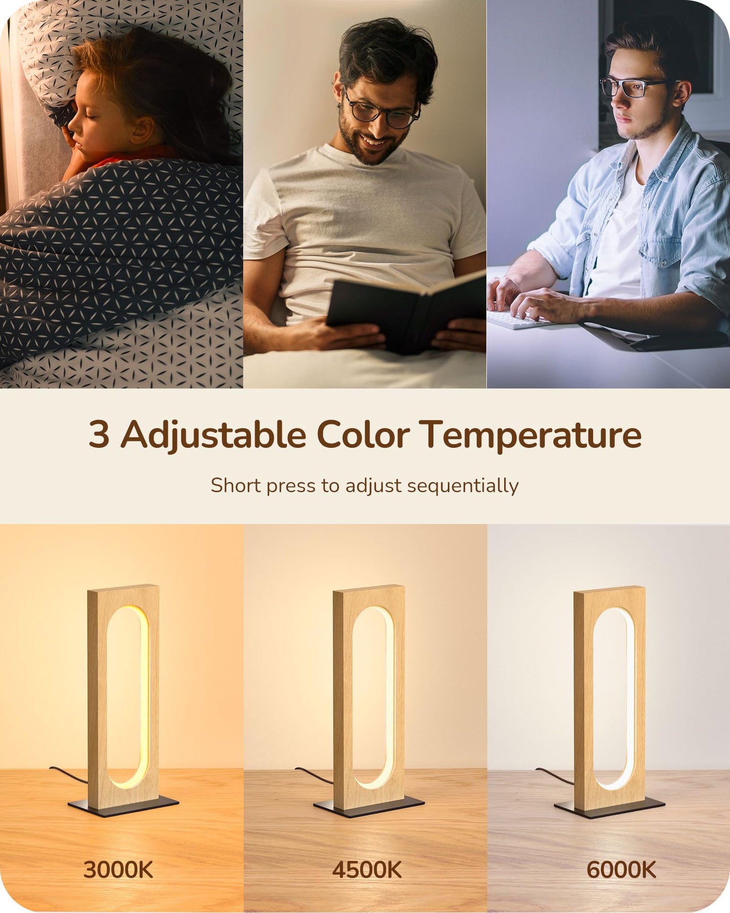 EDISHINE LED Table Lamp, Dimmable Touch Control, 3 Color Temperatures, Wooden Nightstand Lamp, Light Wood Color
