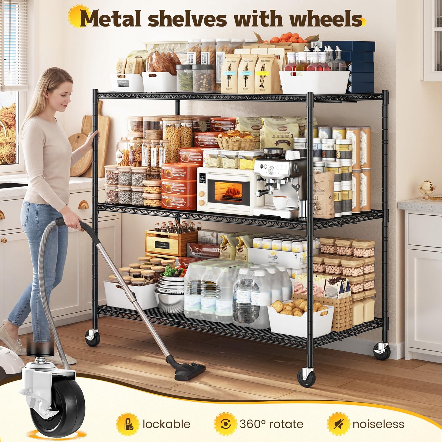DurayLoly 1500LBS Heavy Duty Wire Shelving Unit, 3-Tier Adjustable Metal Storage Shelves with Lockable Wheels, 59.06"W x 23.62"D x 59.65"H, Garage Shelving Rack for Kitchen, Pantry, Warehouse, Black