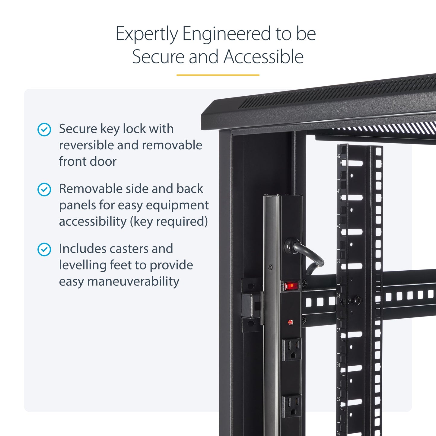 StarTech 42U Enterprise-Grade Server Rack Cabinet, Alloy Steel, 19in Enclosed 4-Post Rack with 36in (91cm) Mounting Depth and 2000lb (900kg) Weight Capacity, Black