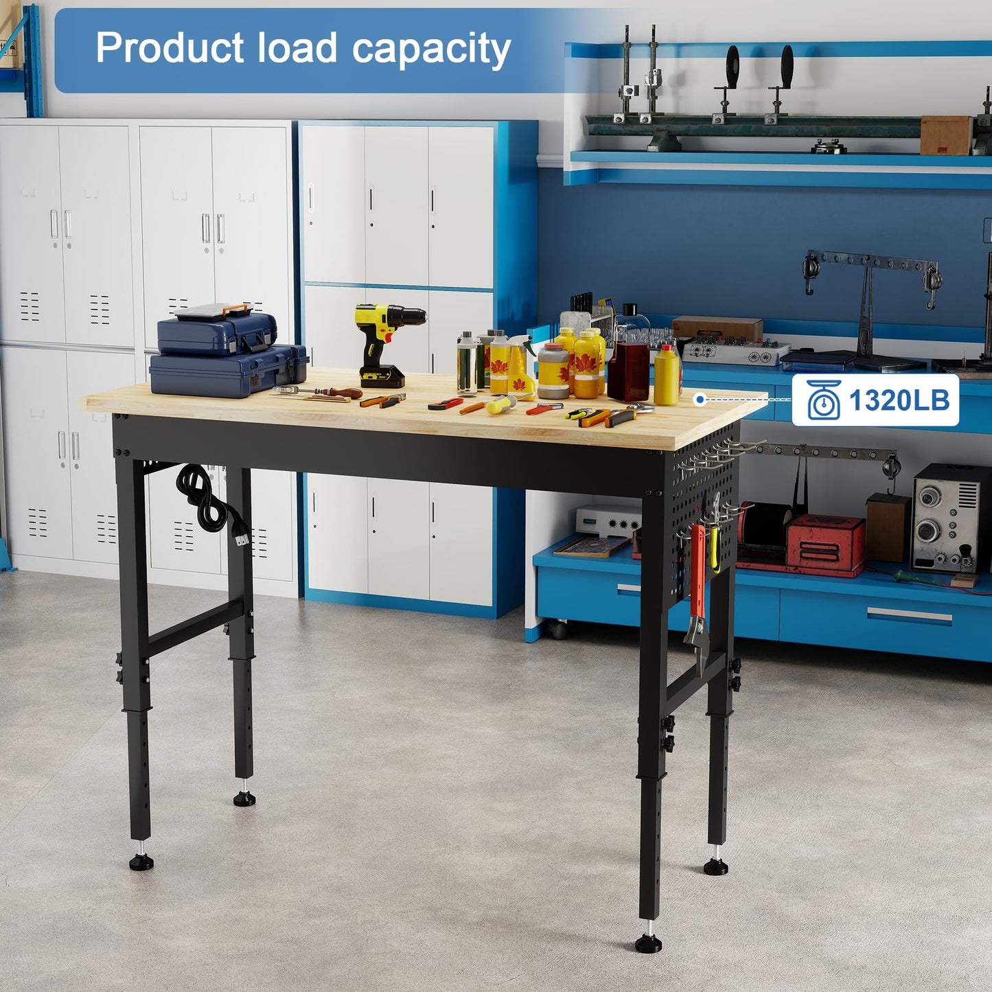 HARDURA 48" Adjustable Wooden Workbench with Wheels, Built-in Power Outlets, 1320 lb Load Capacity for Workshop