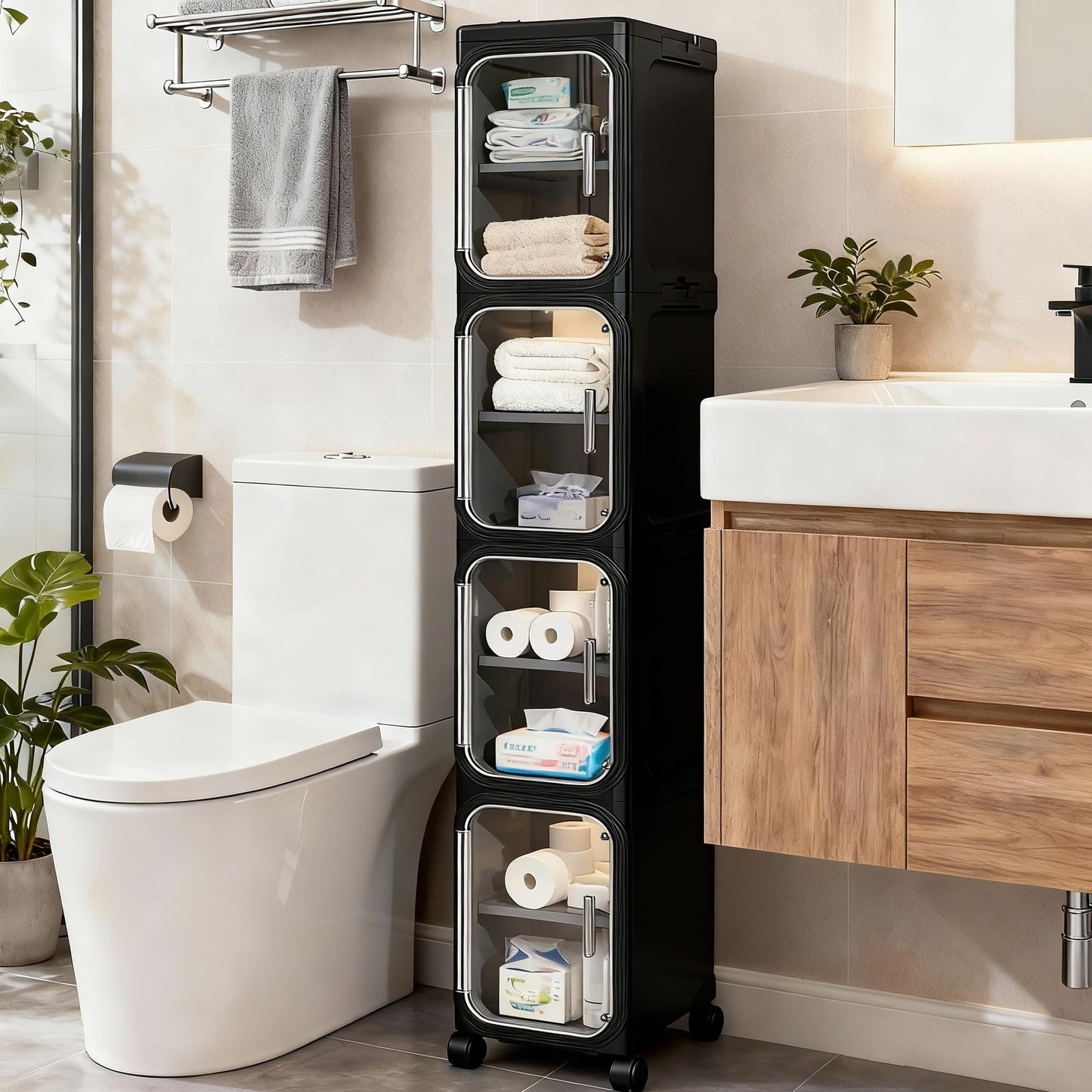 Lifelongpal 4-Tier Tall Narrow Storage Cabinet, Slim Bathroom Storage Cabinet with Adjustable Shelves and Wheels, Narrow Organizer for Small Space, Bathroom, Kitchen, Laundry, Black