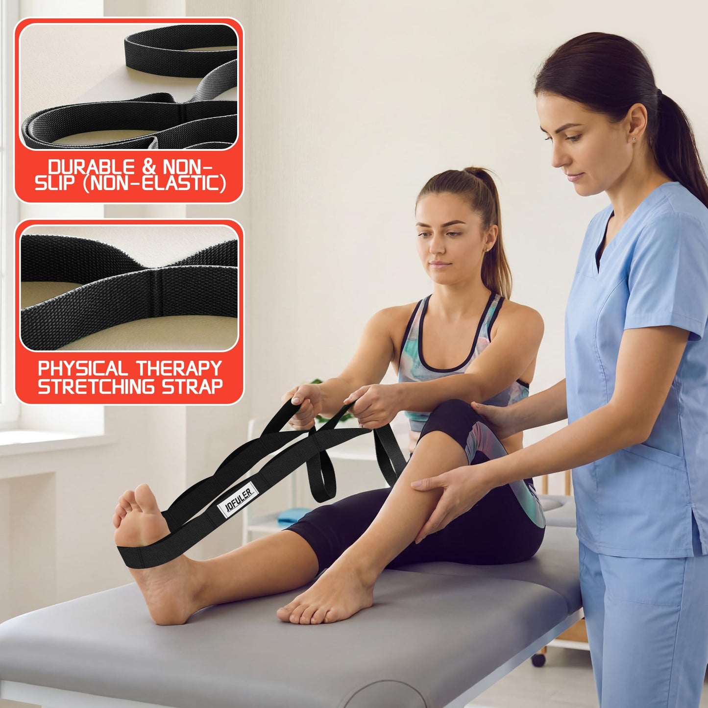 Jofuler Stretching Strap for Physical Therapy and Home Rehab, 10 Loops Non-Elastic Yoga Strap for Hamstring, Calf and Back Stretching, Mobility, Exercise, Pilates, Flexibility