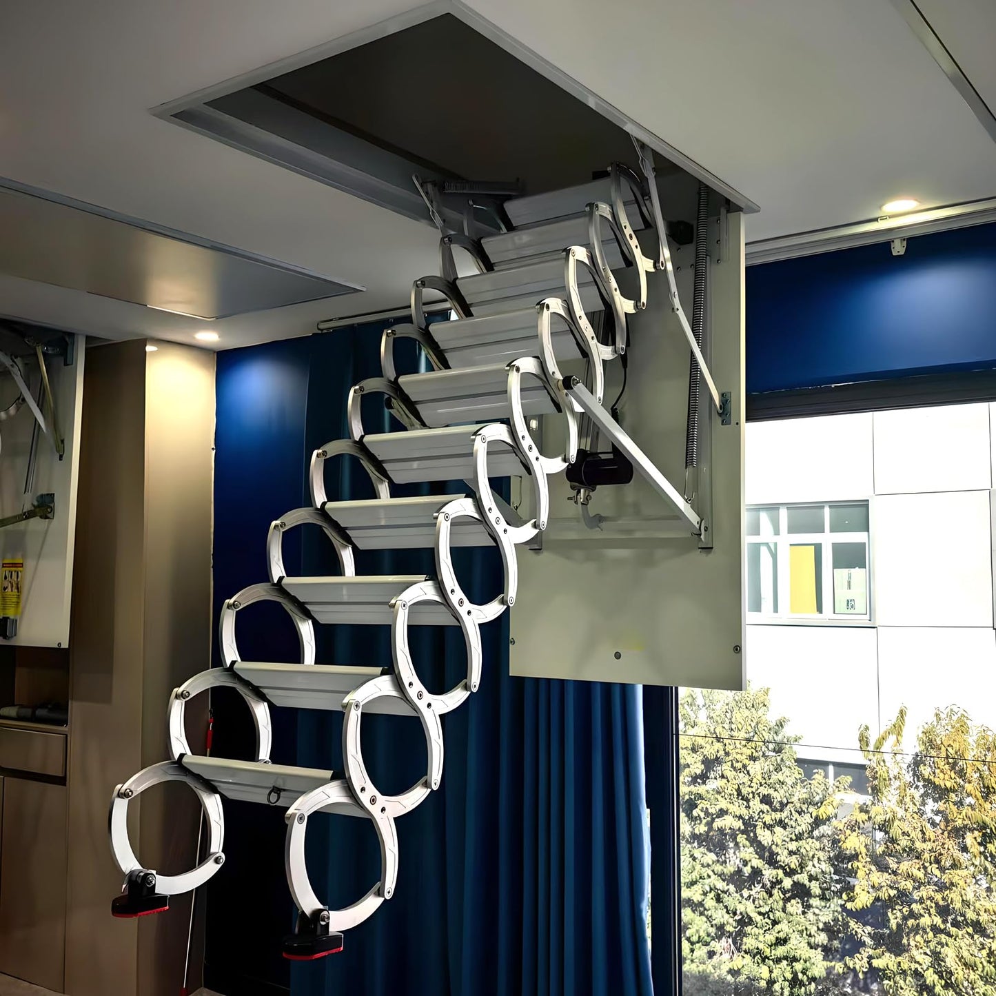 12 Steps Electric Attic Ceiling Ladder, Retractable Pull Down System Attic Stair, Invisible Folding Ceiling Loft Ladder with Telescoping Handrail, Extension Steps Staircase for Home (White, Steps 12)