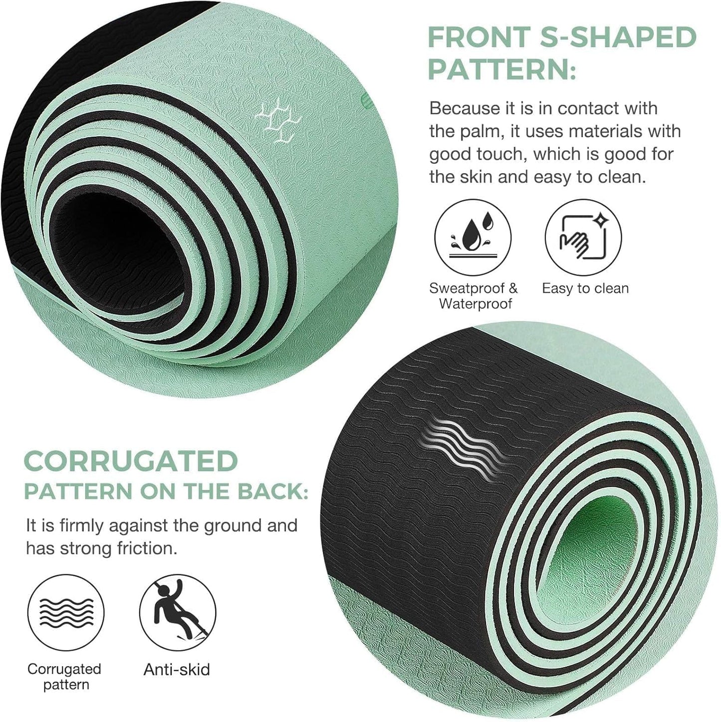 Yoga Mat Non Slip TPE Thick Yoga Mat with Alignment Mark, Large Size 72"L x 32"W x 0.32"Th or 0.24"Th, Anti-Tear Exercise & Fitness Mat for Yoga, Pilates & Floor Workouts (Green Black, Thickness-6mm)