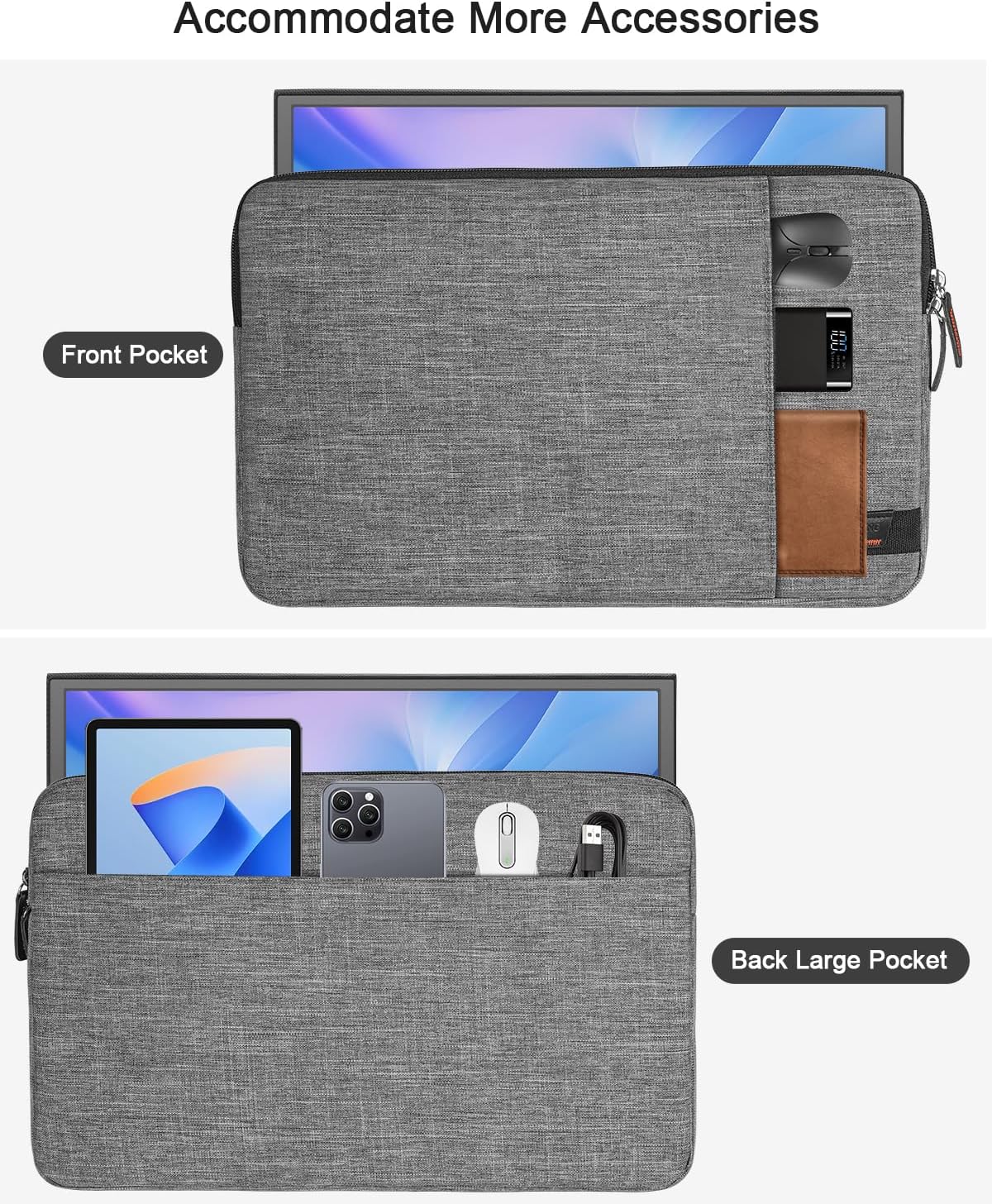 Losong 16.1 Inch,Protective 15.6-16.1" 2 Pocket,Size-15.7"x10.2",Gray Portable Monitor Case Padded Sleeve Compatible