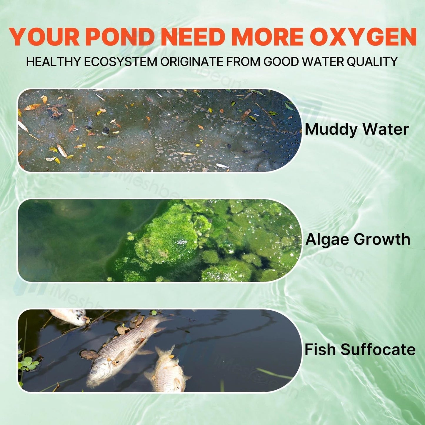 iMeshbean Pond Aerators 5.76CFM Pond & Lake Aeration System for Up to 3 Acres 50' Lake, 3/4 HP Air Compressor with a 100' Weighted Tubing & 2 Diffusers for Deep Water Oxygen Circulation