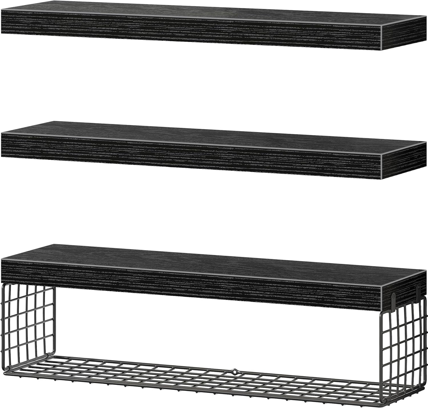 QEEIG Floating Bathroom Shelves - 24-Inch Wall Storage for Toilet Paper | Set of 3, Black