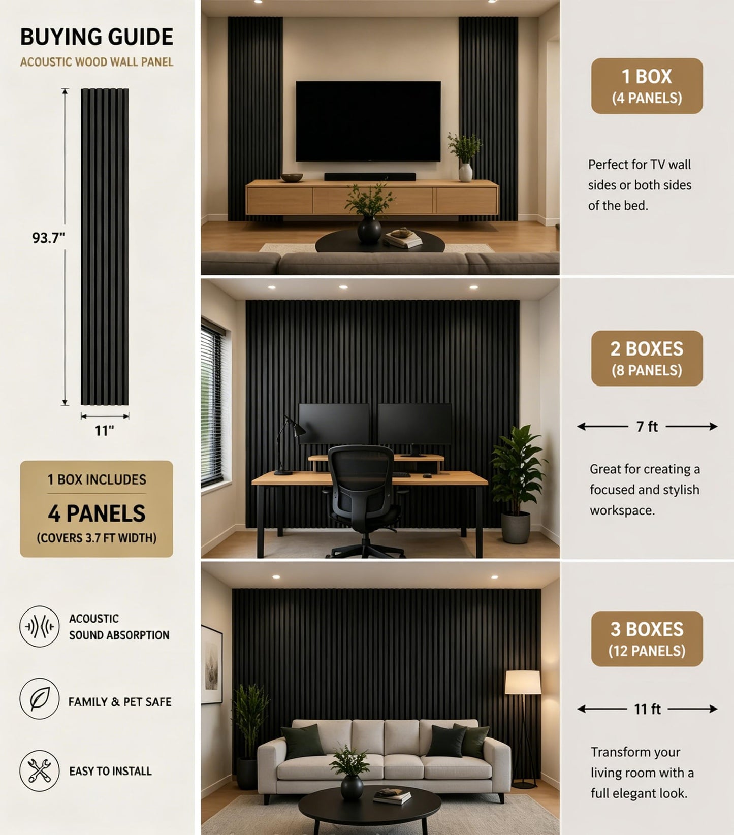 Wood Slat Wall Panels - 4 Pack 93.7" × 11" - Acoustic Panels Noise Reduction for Home Office Studio, 3D Fluted Sound Dampening Absorbing Panels, Matte Black