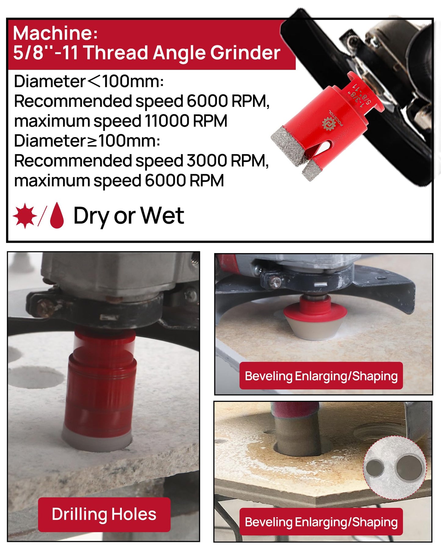 FOCSTOL Diamond Tile Hole Saw Kit 13pcs - (6/6/8/20/25/35/50/75/100mm+20mm Milling Bit+50mm Chamfer Bit+SDS+115mm Saw Blade) Diamond Core Drill Bit Set for Porcelain Tile Ceramic Marble Granite