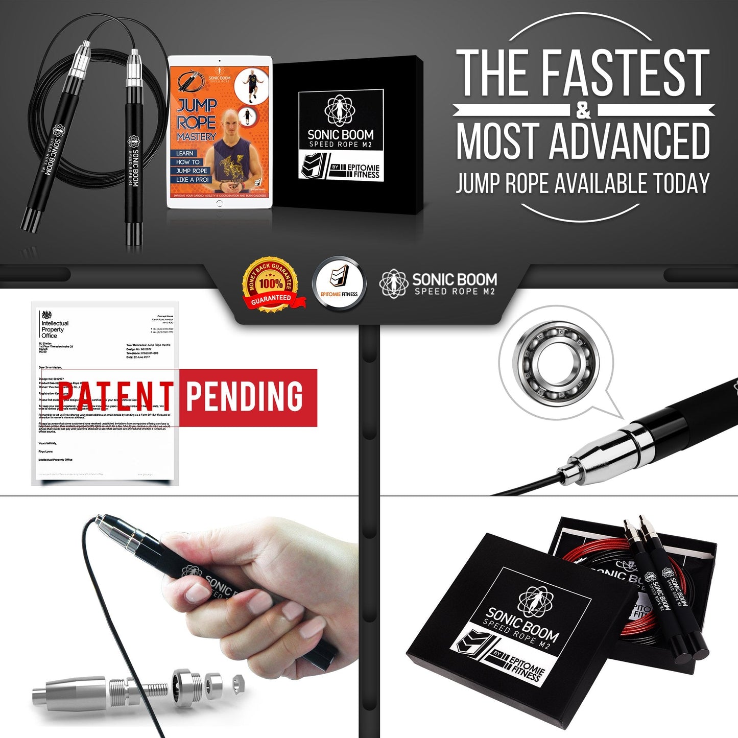 Sonic Boom M2 High Speed Jump Rope - Patent Pending Self-Locking, Screw-Free Design – Weighted, 360 Degree Spin, Silicone Grip with 2 Speed Rope Cables for Home Workout, & More