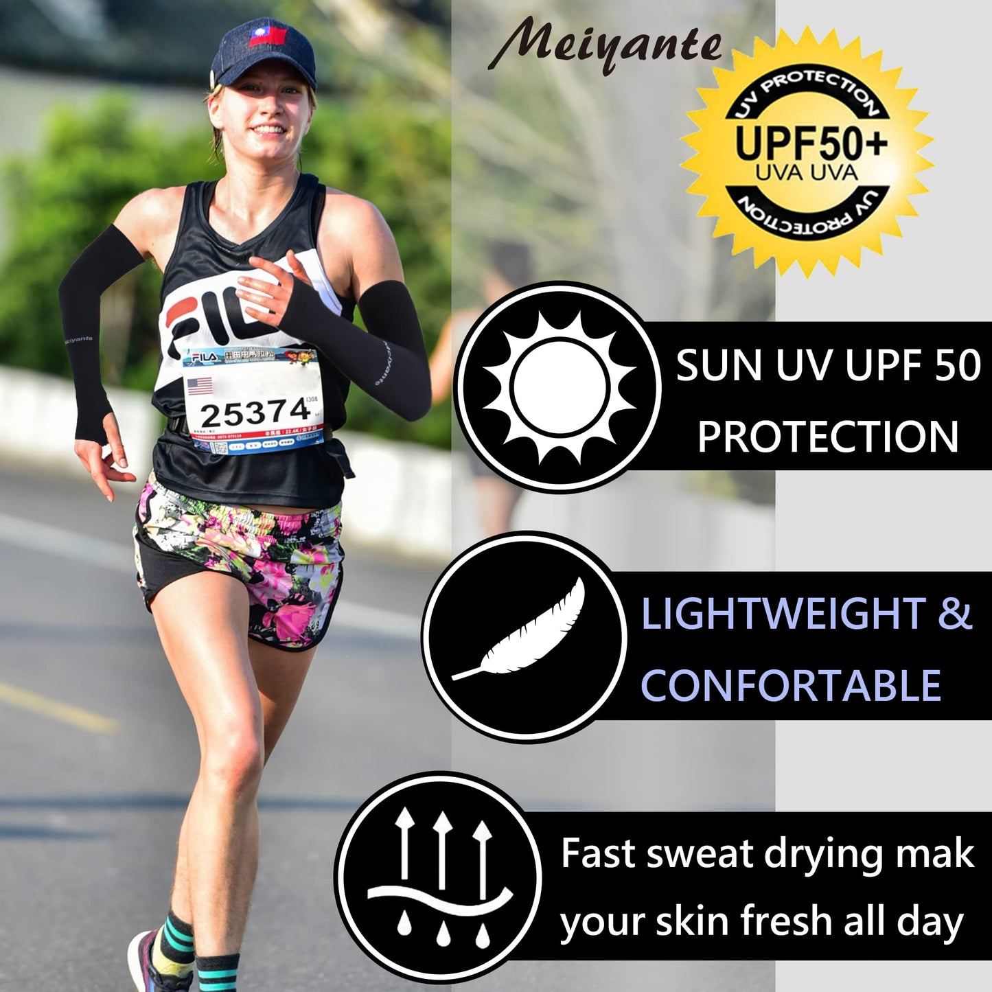 Meiyante Arm Sleeves with Thumb Holes for Men & Women, Cooling UPF 50+ UV Sun Protection Sleeves with Palm Coverage, Breathable Compression Sleeves for Golf, Driving, Running, Gardening & Tattoo Cover