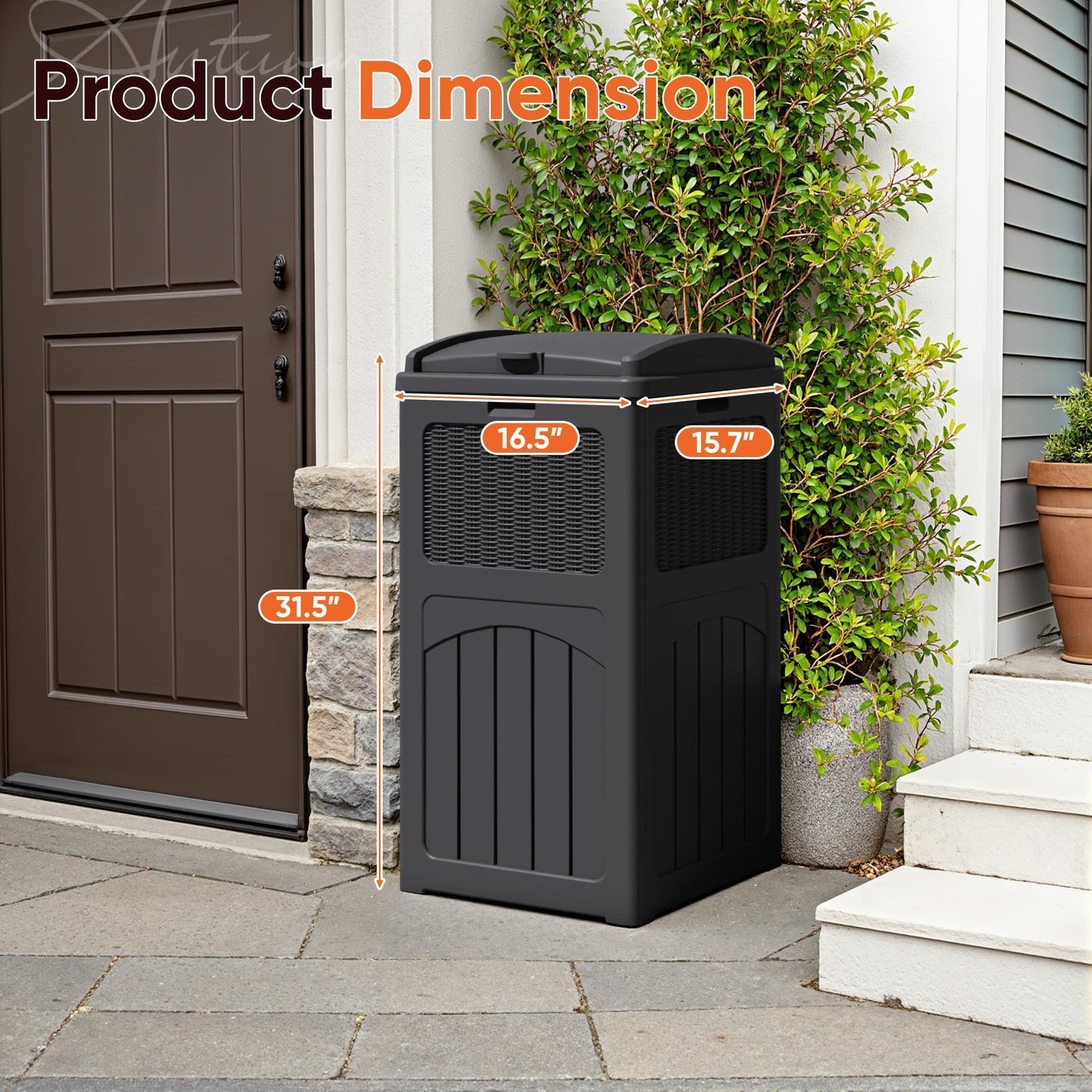YESHOMY 33 Gallon Resin Outdoor Trash Can with Lid, Hideaway Waterproof Patio Garbage Bin, Black