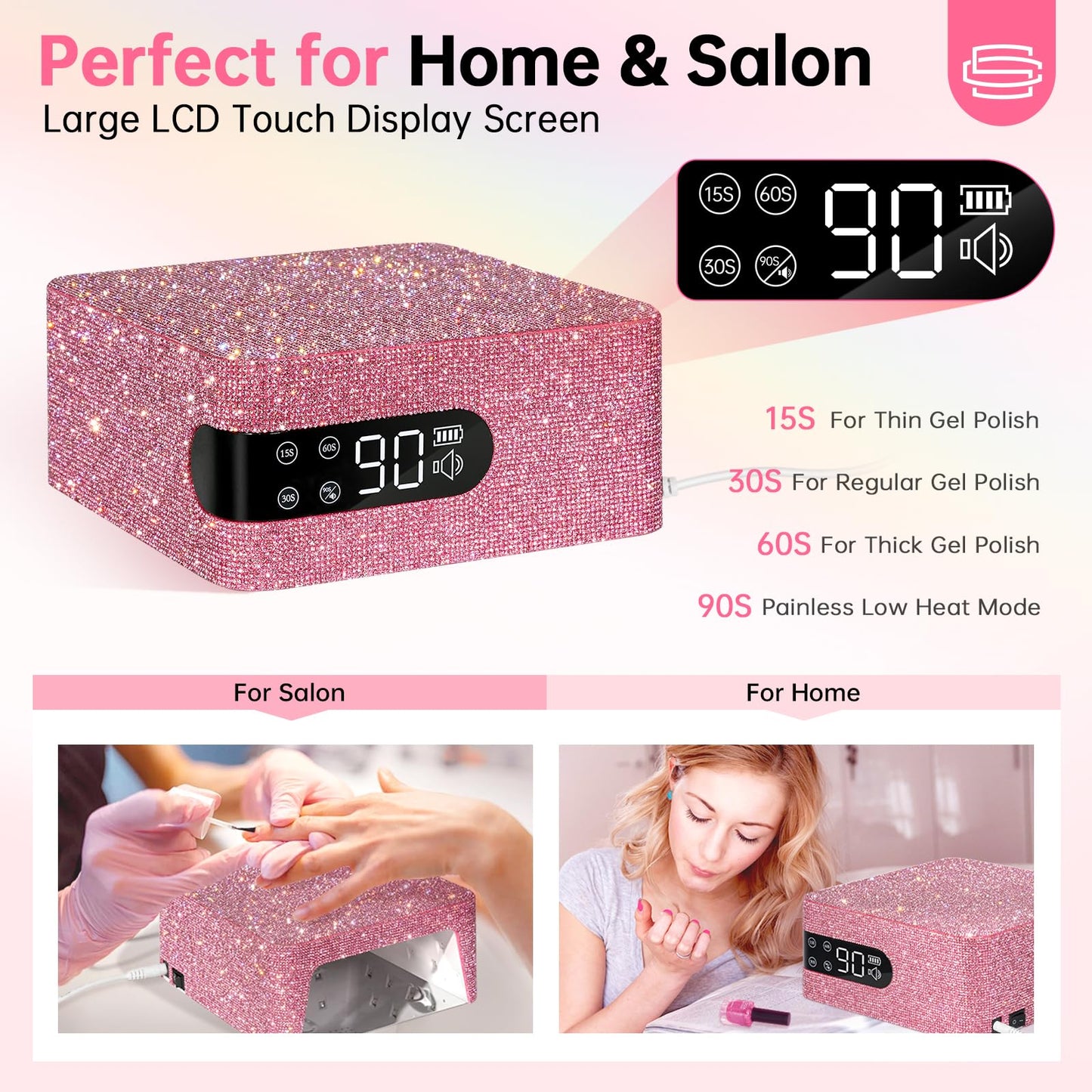 CHRISTINE SHELLY UV LED 96W Nail Lamp Gel Polish Light with 4 Timer Setting Plug-in Quick Dry Curing Lamp Pink & Nail Dust Collector Reusable Filters Powerful Vacuum Fan with Hand Pillow Pink