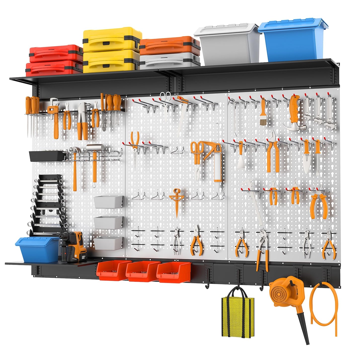 WALMANN 113 PCS Pegboard Wall Tool Organizer Kit with Pegboard Hooks, Bins, Pegboard Tools Storage System for Garage, Modular Peg Board, Tools Organizer Board with Hooks(Grey)