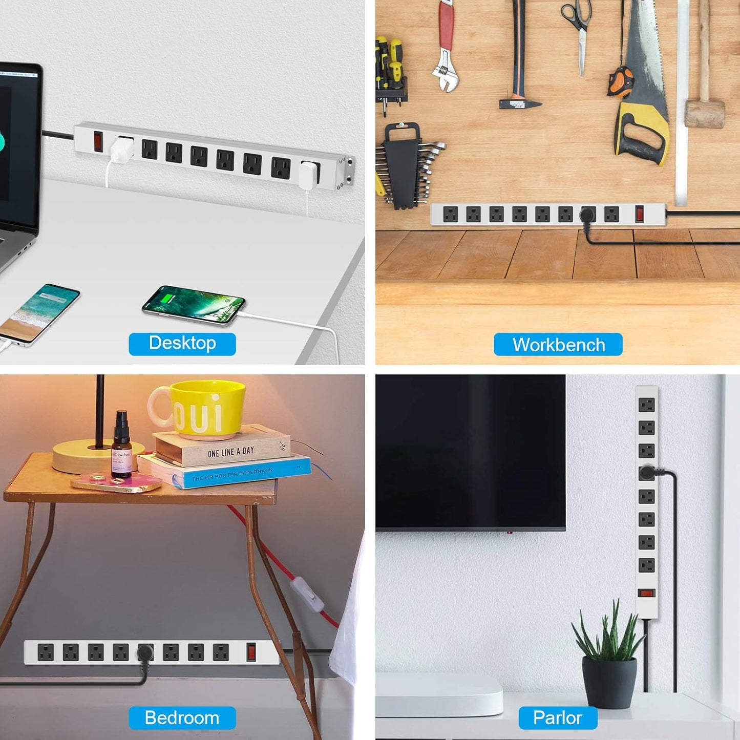 JUNNUJ 8 1200J 15A 125V 1875W, 10 14AWG Metal Outlet Power Strip, Mountable Heavy Duty Power Strip, Surge Protector