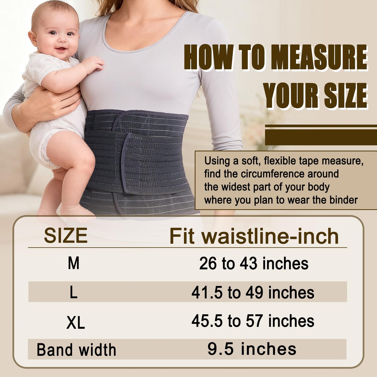 Reian Belly Band, Postpartum Essentials for Natural and C-Section Recovery, Adjustable Compression Wrap, After Birth Support Brace, Abdominal BInder (Black, Large)