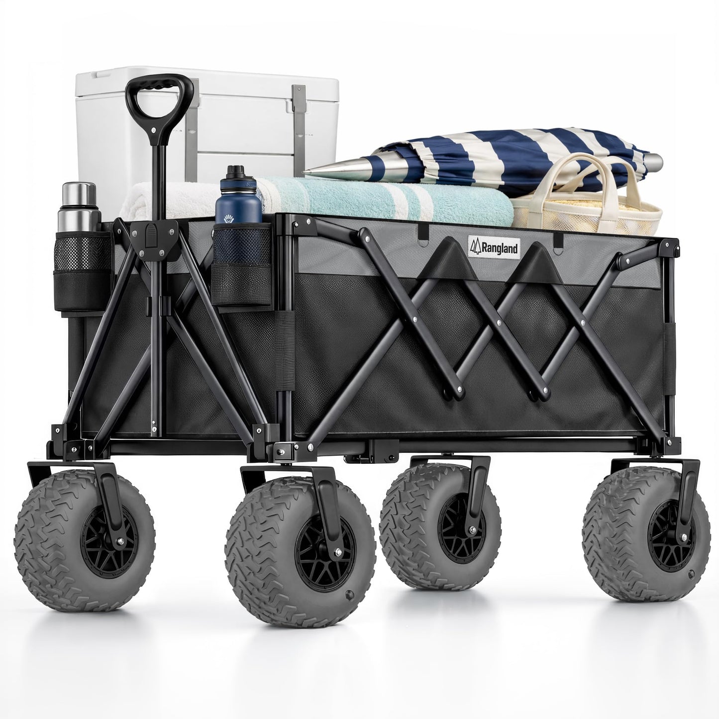 Beach Wagon with Heavy-Duty 10" Air Tires - All Terrain Folding Card with Big Wheels for Sand and Gravel - 300 LB. Capacity (Black/Gray)