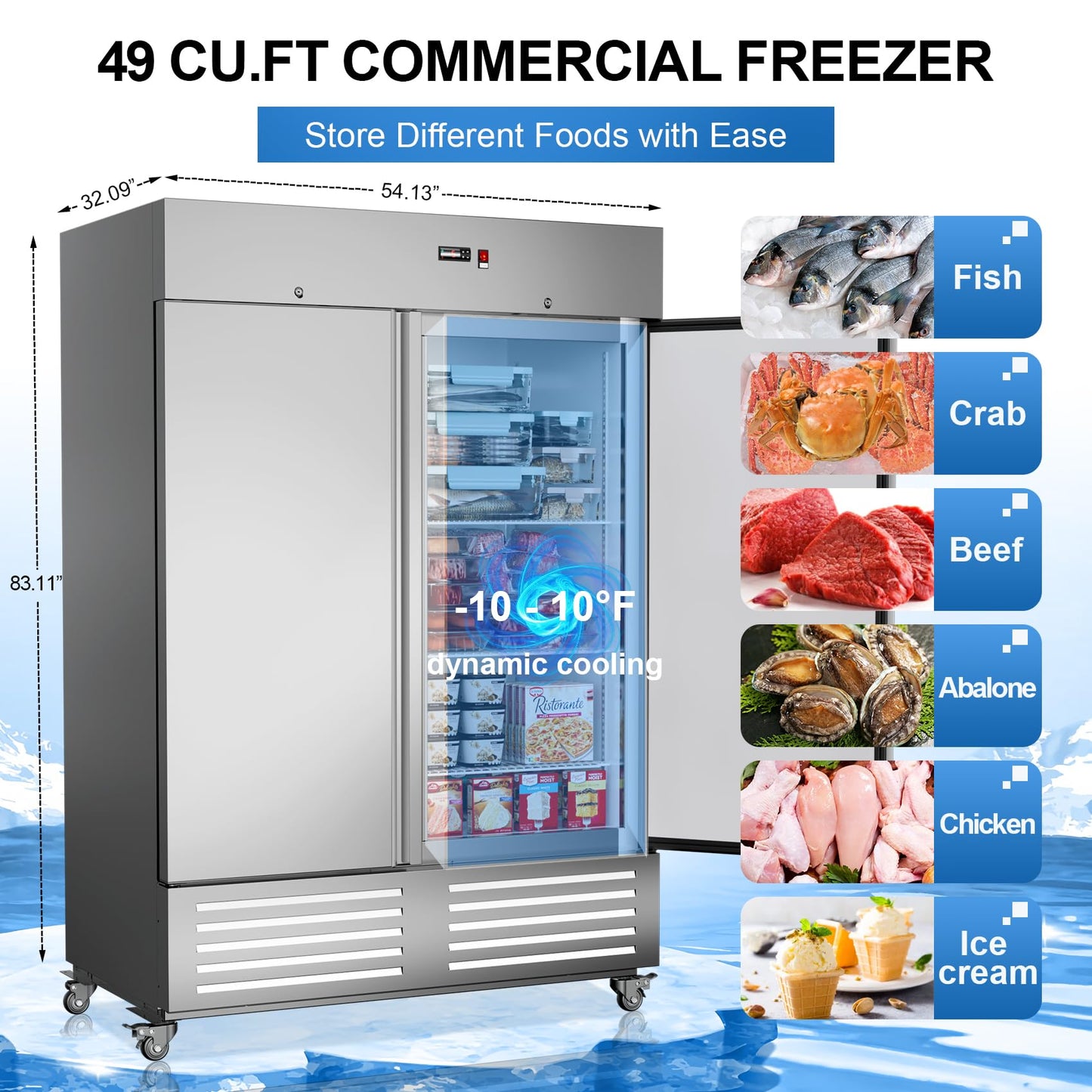 LCEKY 54" W 2 Door Commercial Freezer Stainless Steel 49 Cu.ft Freezers for Restaurant, Bar, Shop etc