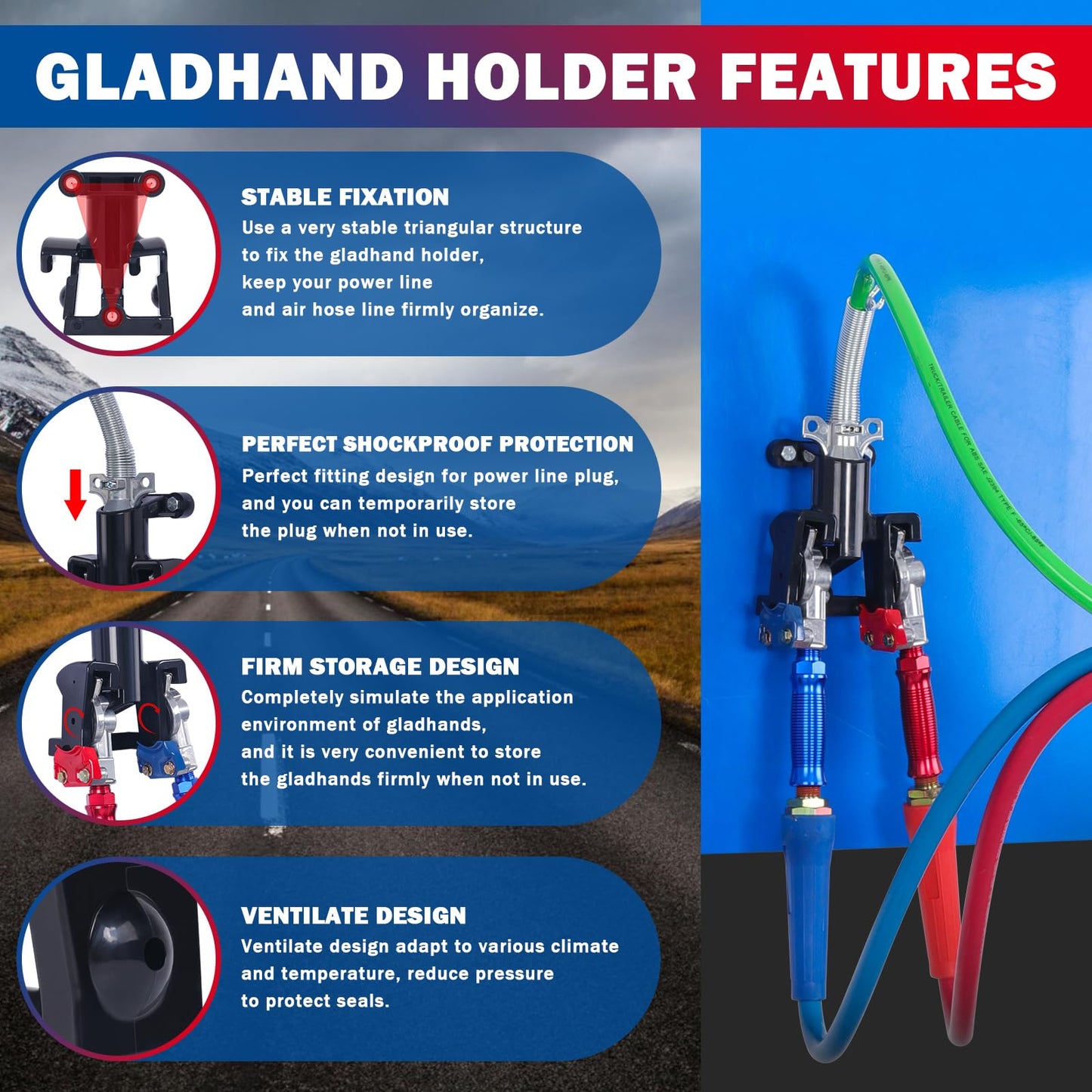 CheeMuii 12 FT Semi Truck Air Lines Kit with 2 PCS 16" Single Tender Spring Kit Gladhands with Gladhand Holder and Handles 3IN1 Red & Blue Air Hoses ABS Electric Power Line Kit for Truck Trailer